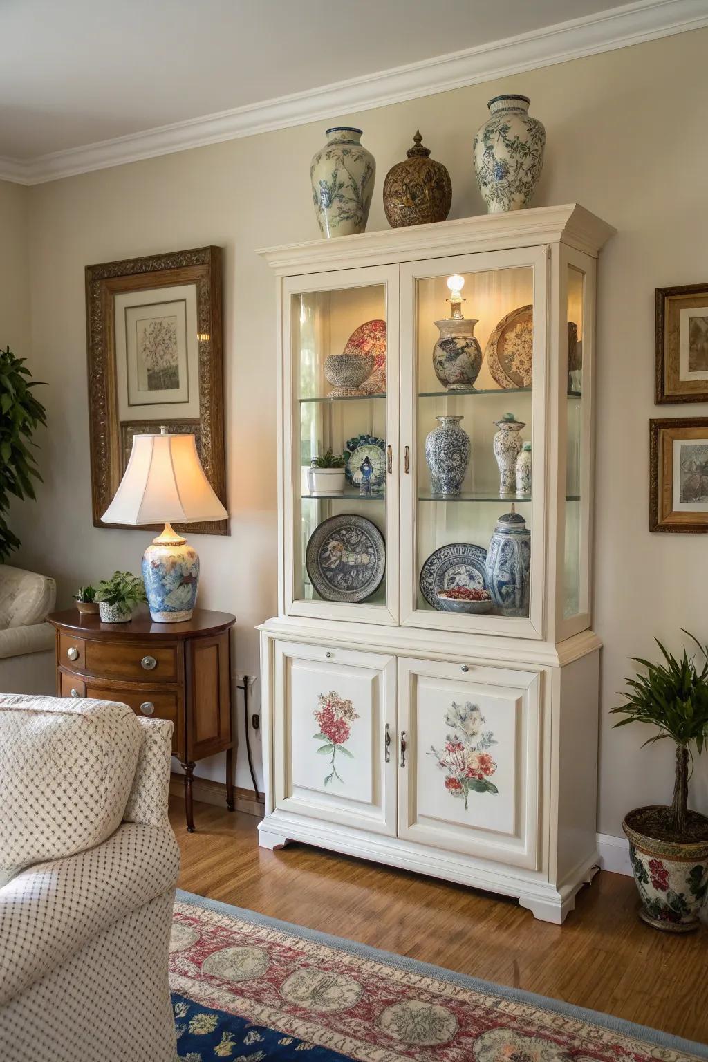 Top of display case used for additional decor.