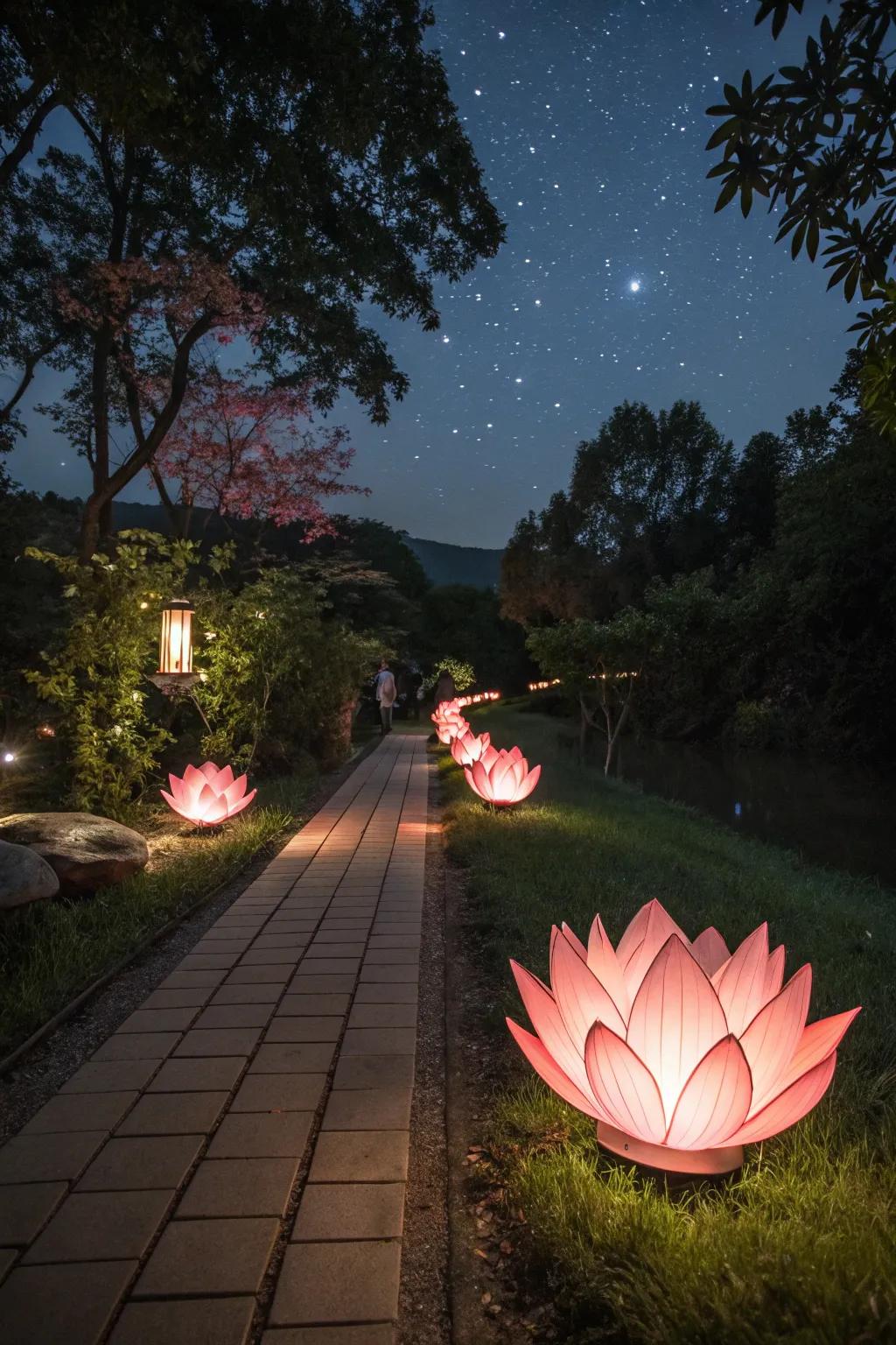 Lotus luminaries fashion a serene and auspicious mood.