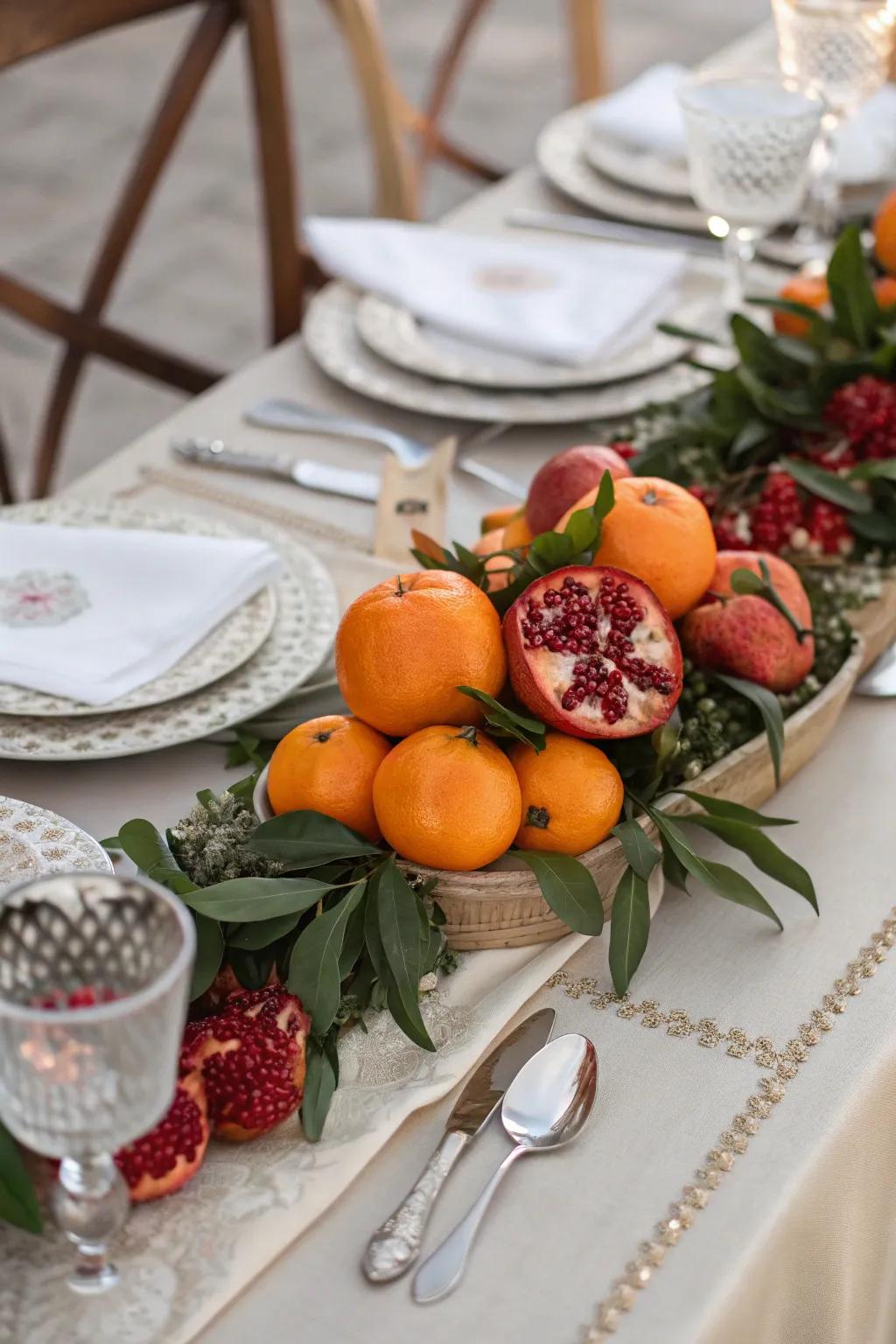 A lively central feature showcasing auspicious Chinese fruits.