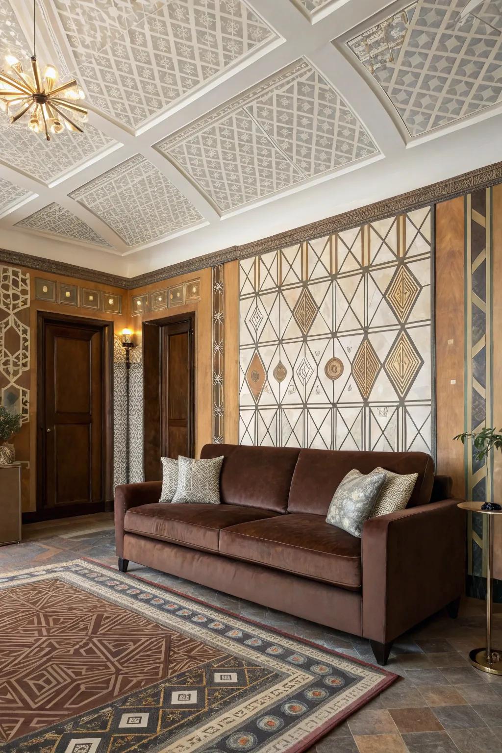 Art Deco glamour meets cocoa shades for timeless elegance.