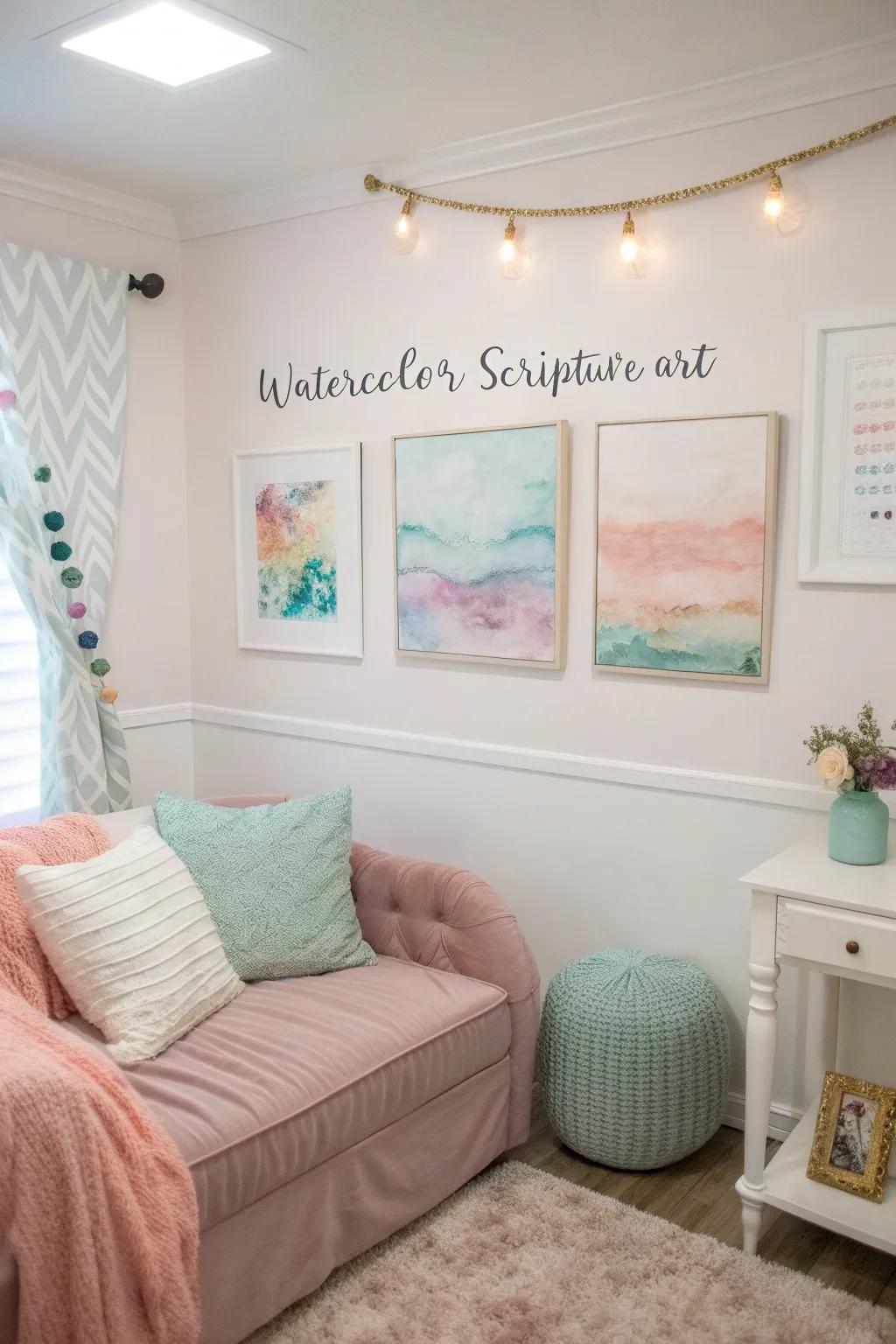 Watercolor art creates softness and tranquility in decor.