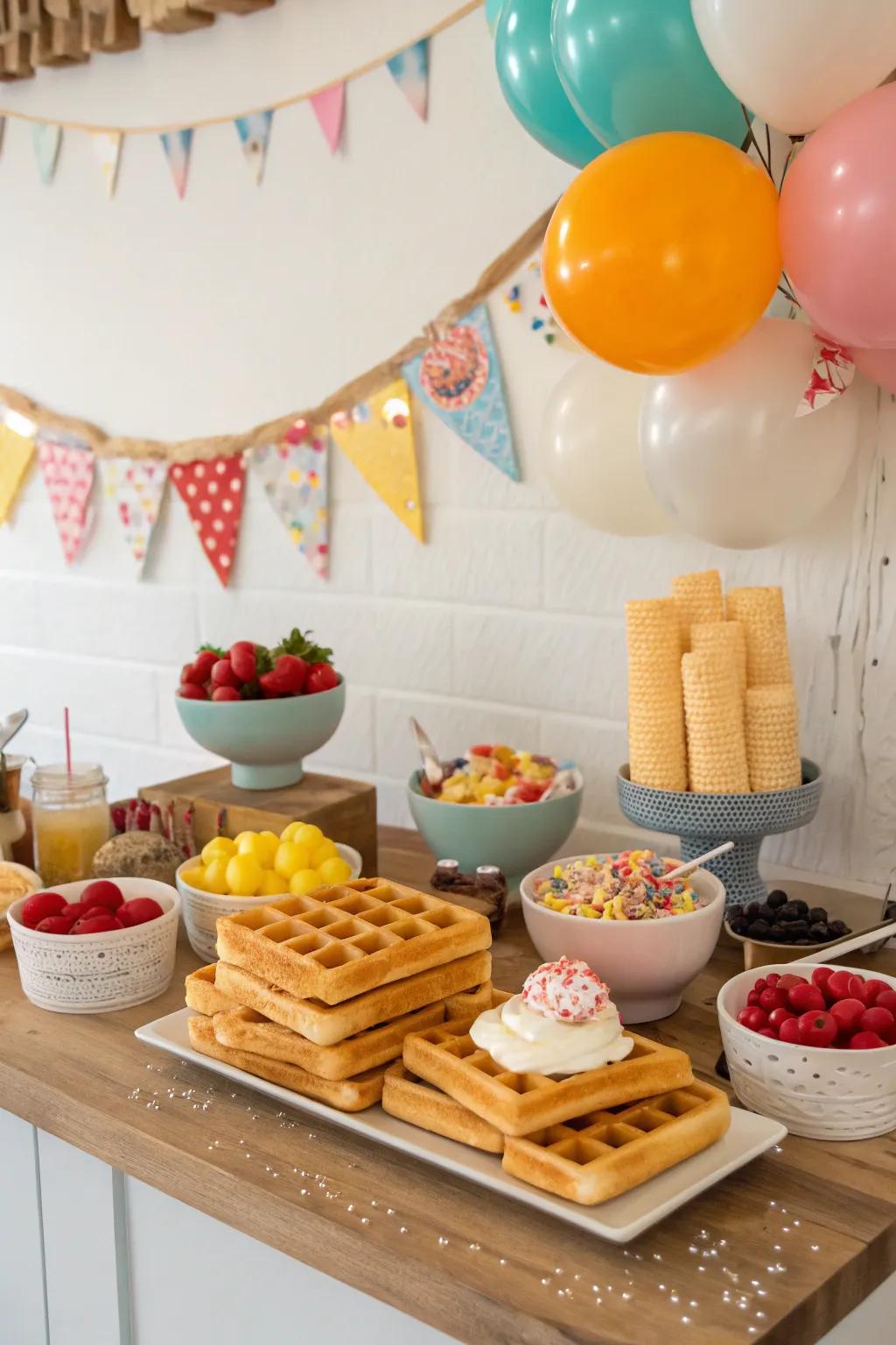 A festive interactive cake station for a personalized brunch.