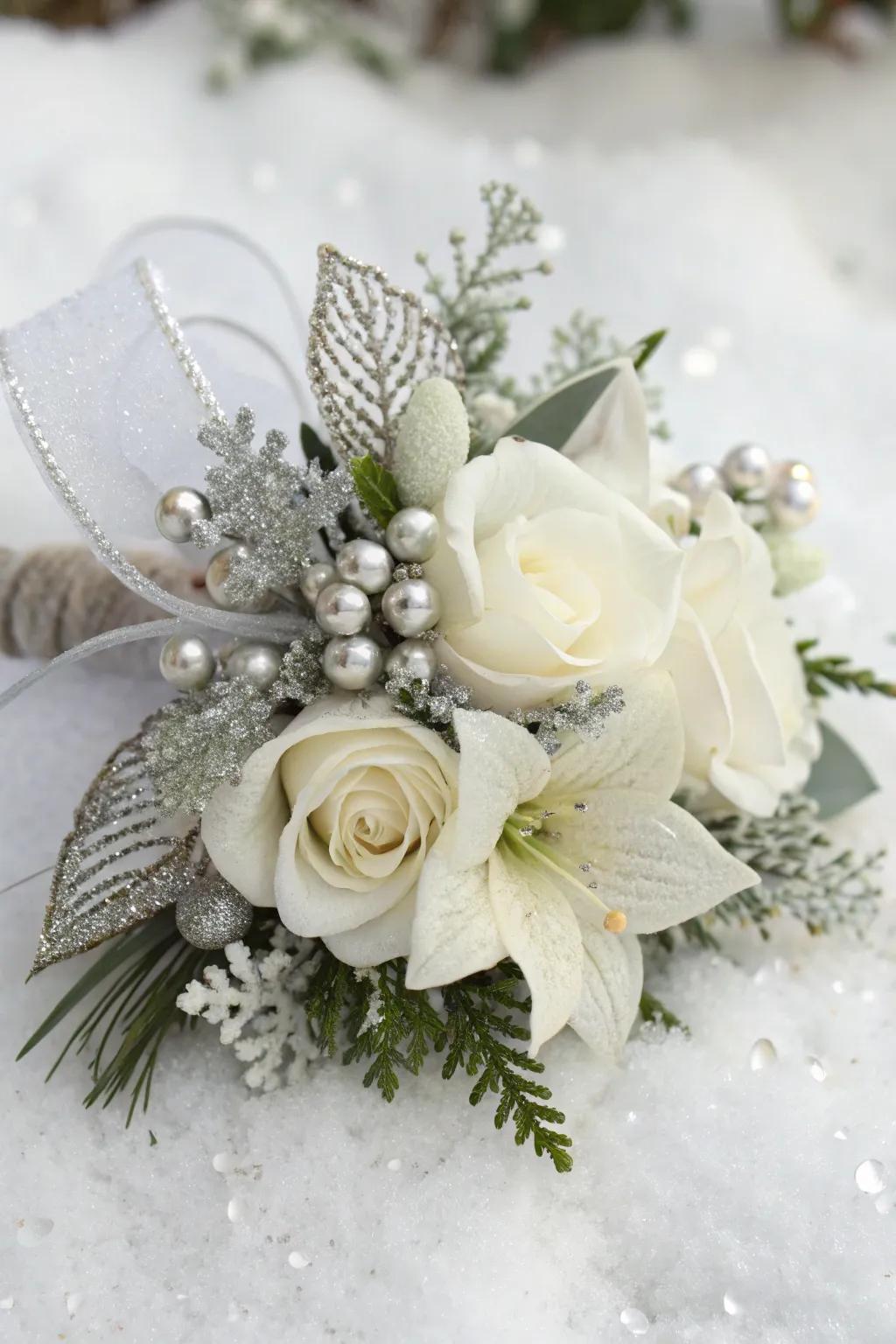 A tranquil holiday adornment showcasing ivory and argent elements.