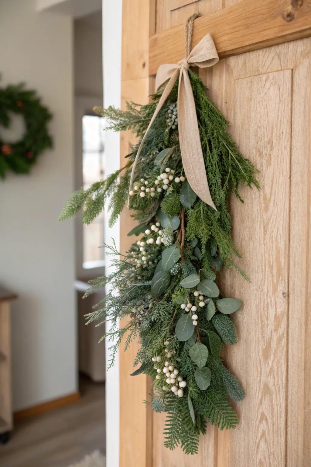 Extend a seasonal welcome with a nuance of nature—sophisticated verdure portal embellishments that amalgamate simplicity with festive allure.