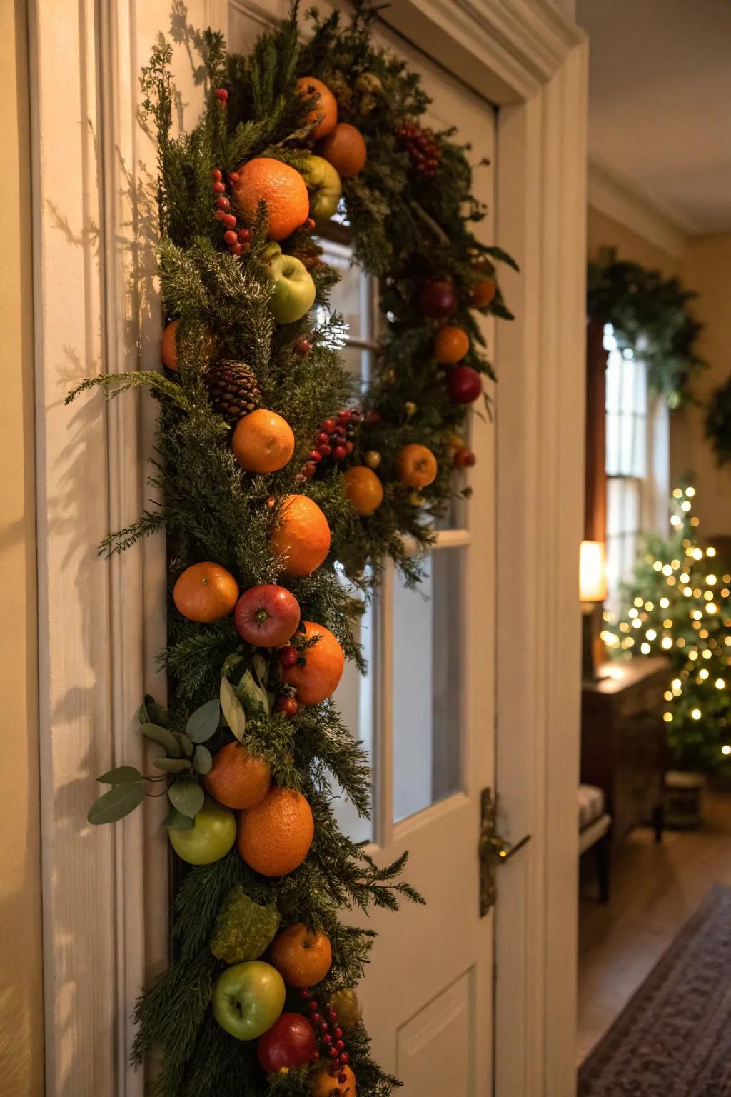 A joyful fruit garland includes an old-world beauty to this door.