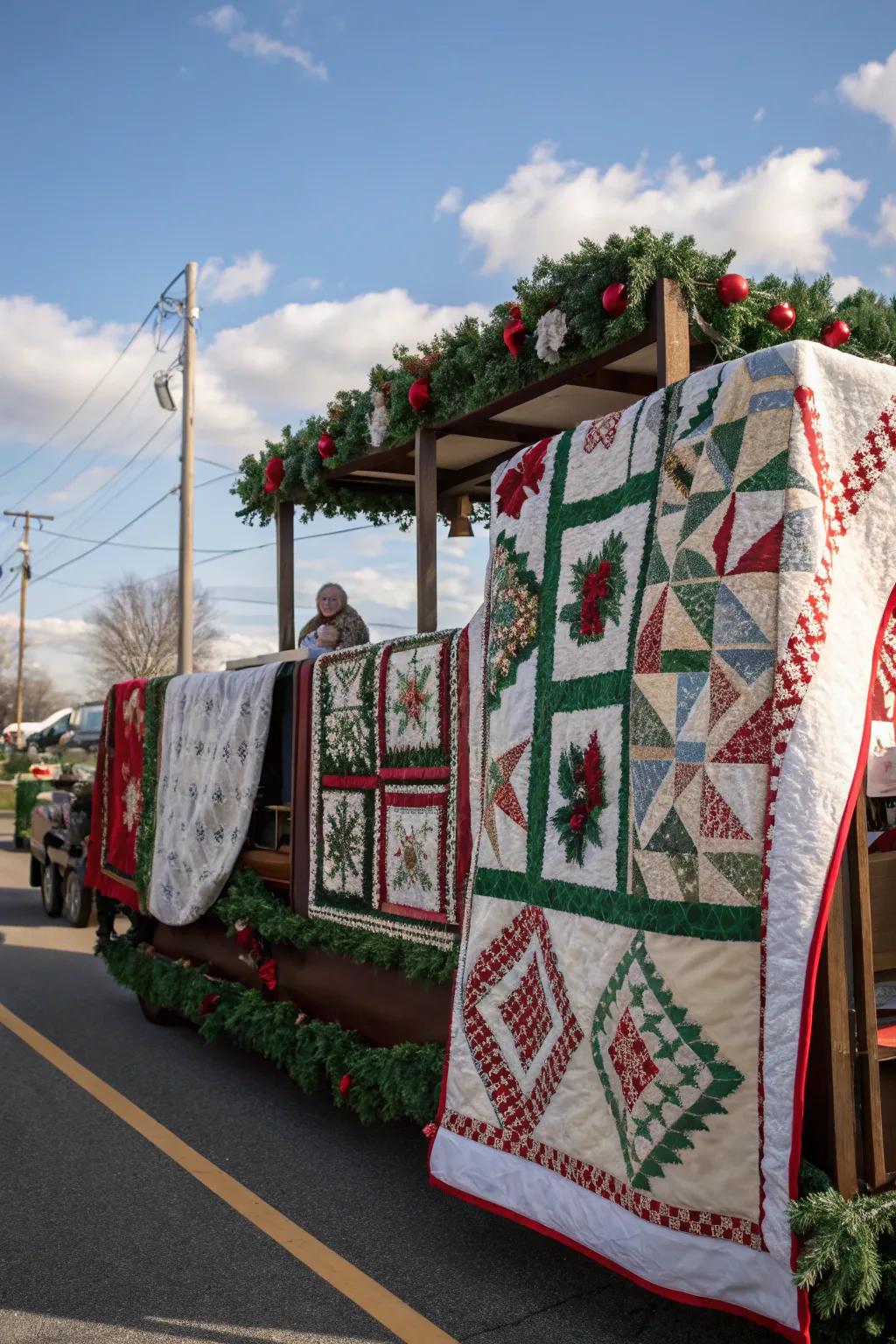 A cozy Holiday Quilt float, spotlighting intricate textile artistry.