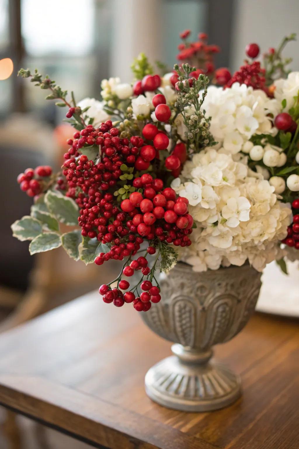 Scarlet beads lend a festive touch to refined flowering arrangements.