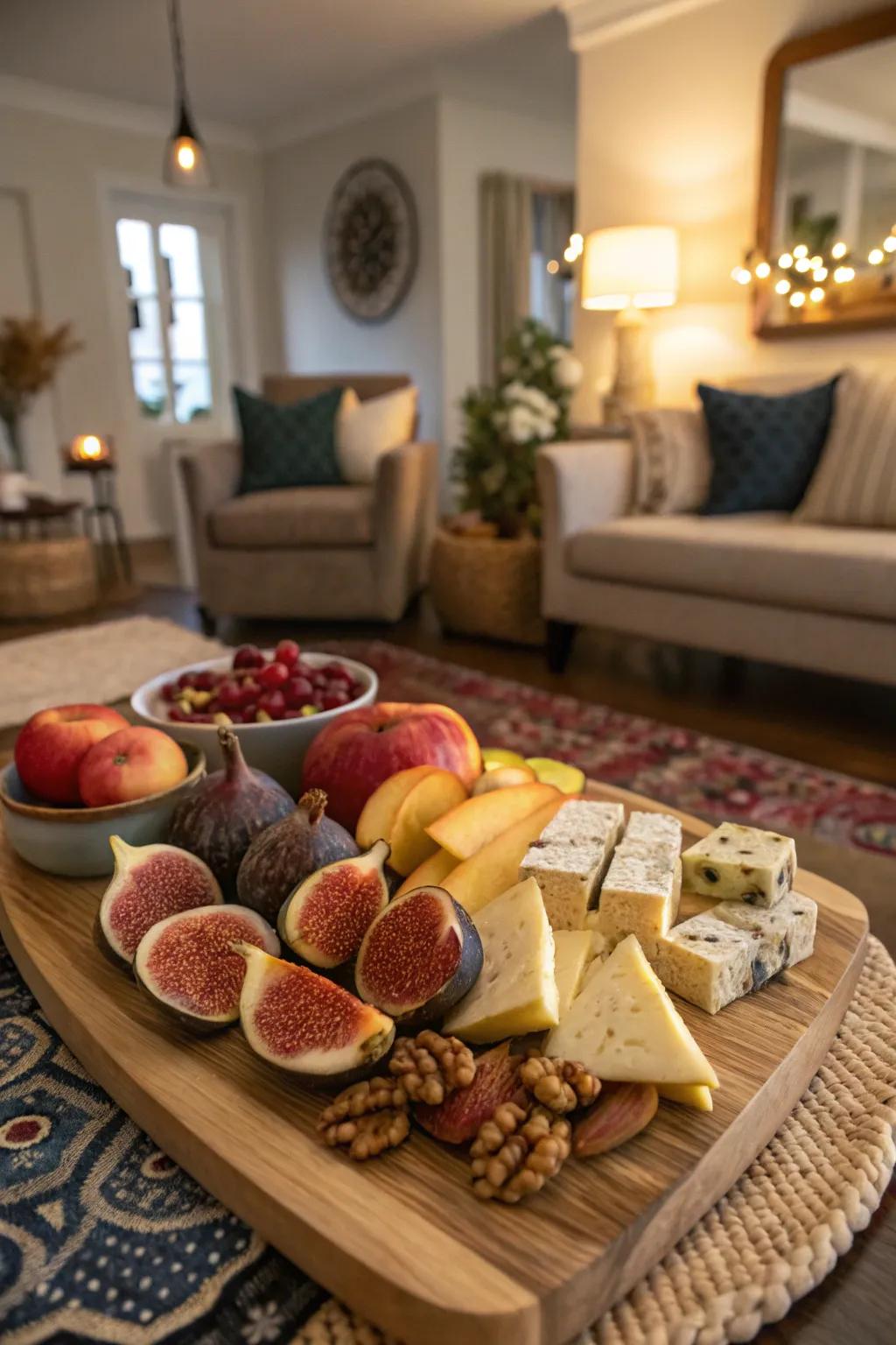 A polished fruit and cheese platter suitable for entertaining.