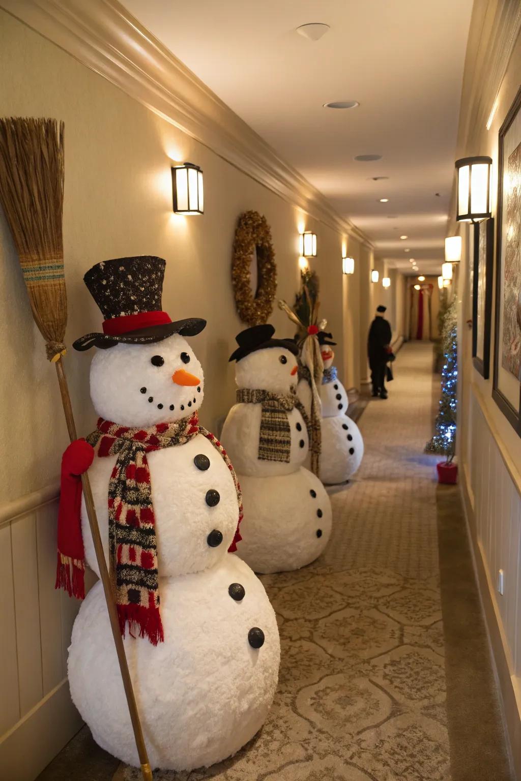Enjoy a parade of snowmen bringing winter fun to the hallway.