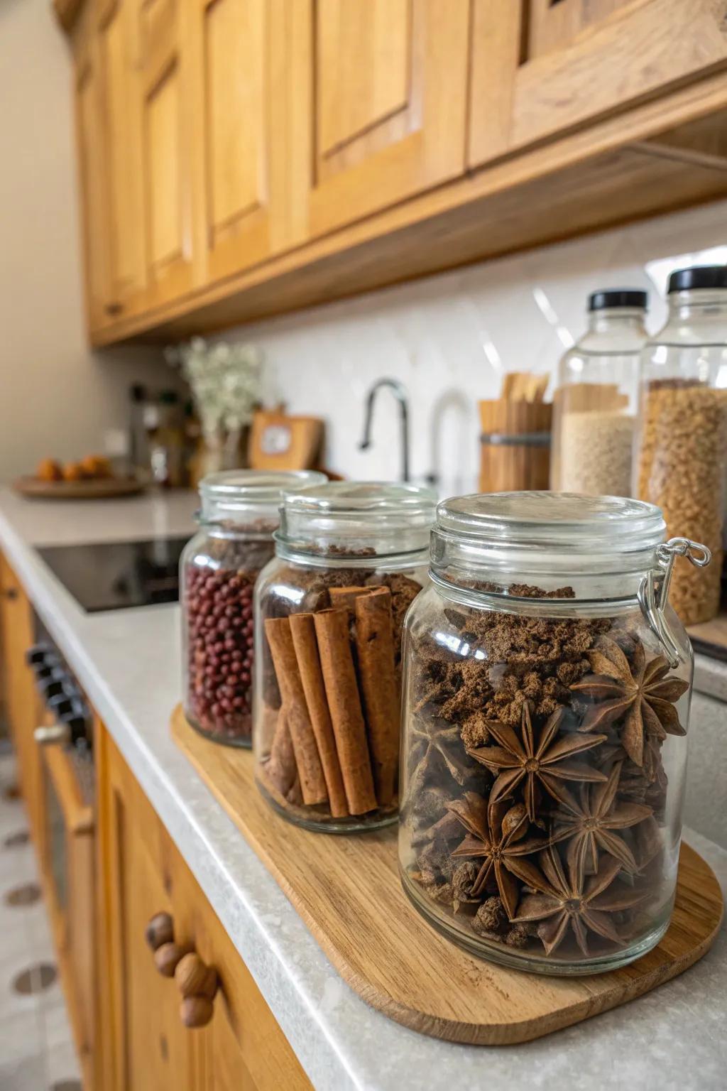 Seasonal spice bottles introduce both fragrance and decoration to the cooking area.