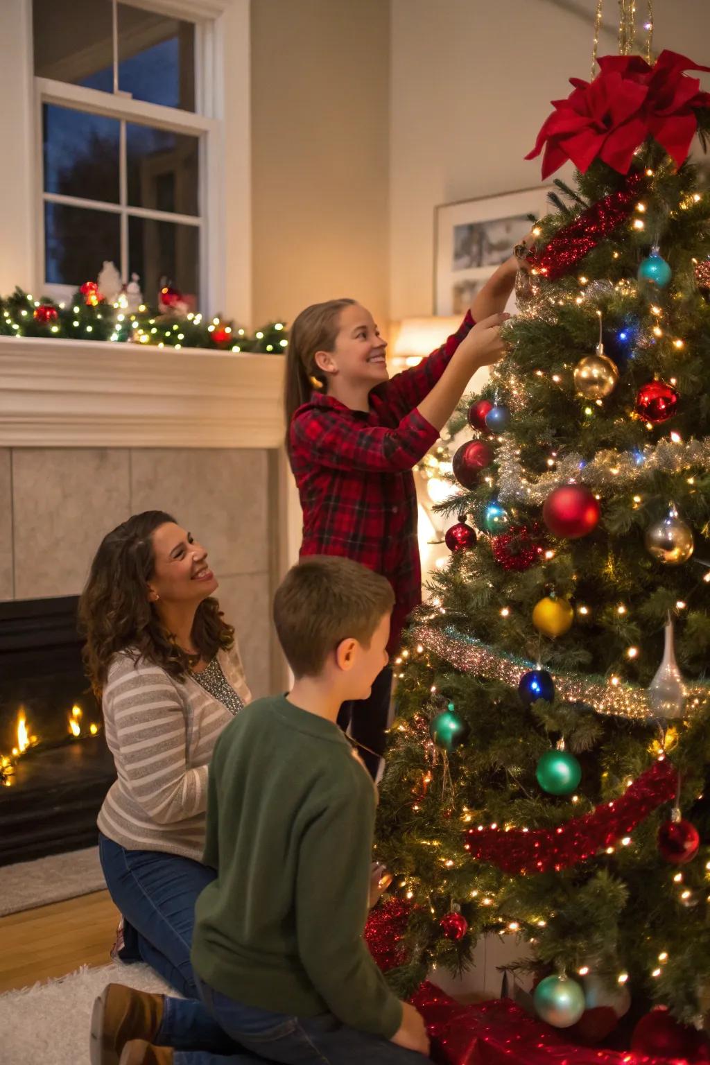 Family jointly decorating the Christmas tree.