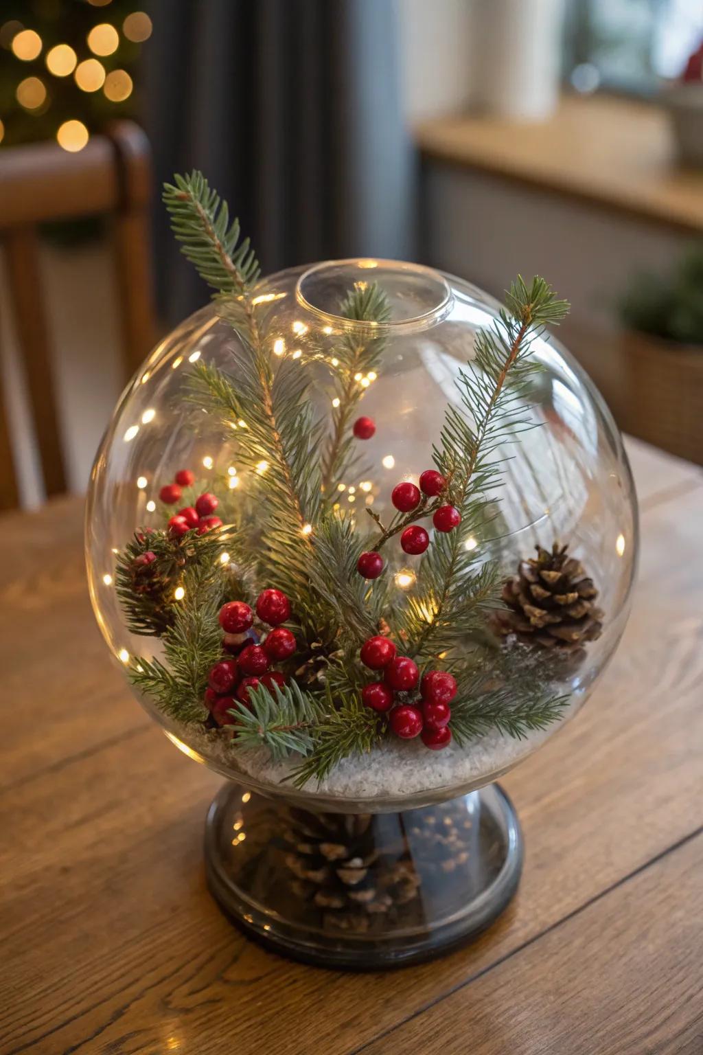Glass orbs provide an elegant display for festive components.