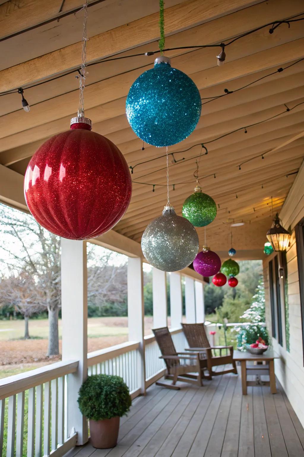 Jumbo spheres infuse a dramatic flair to the porch decor.