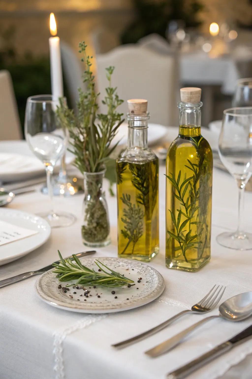 Gastronomic plant oil bottles constitute a sophisticated table token.