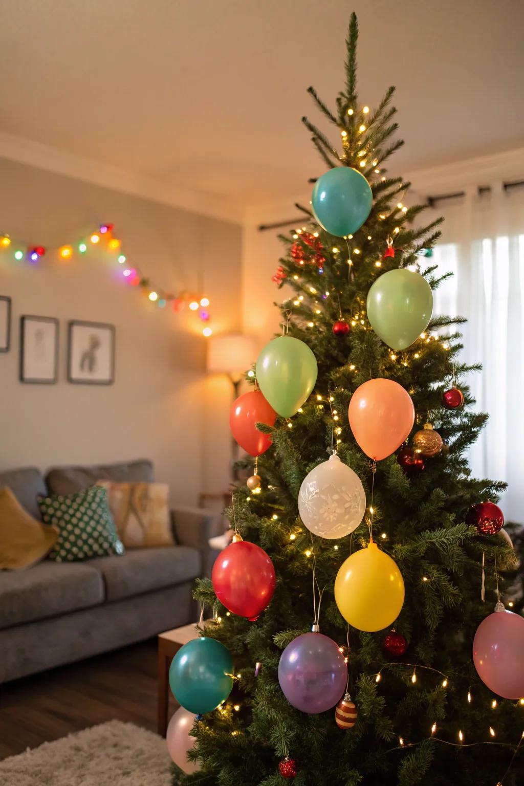 A whimsical Christmas tree featuring air-filled decorations.