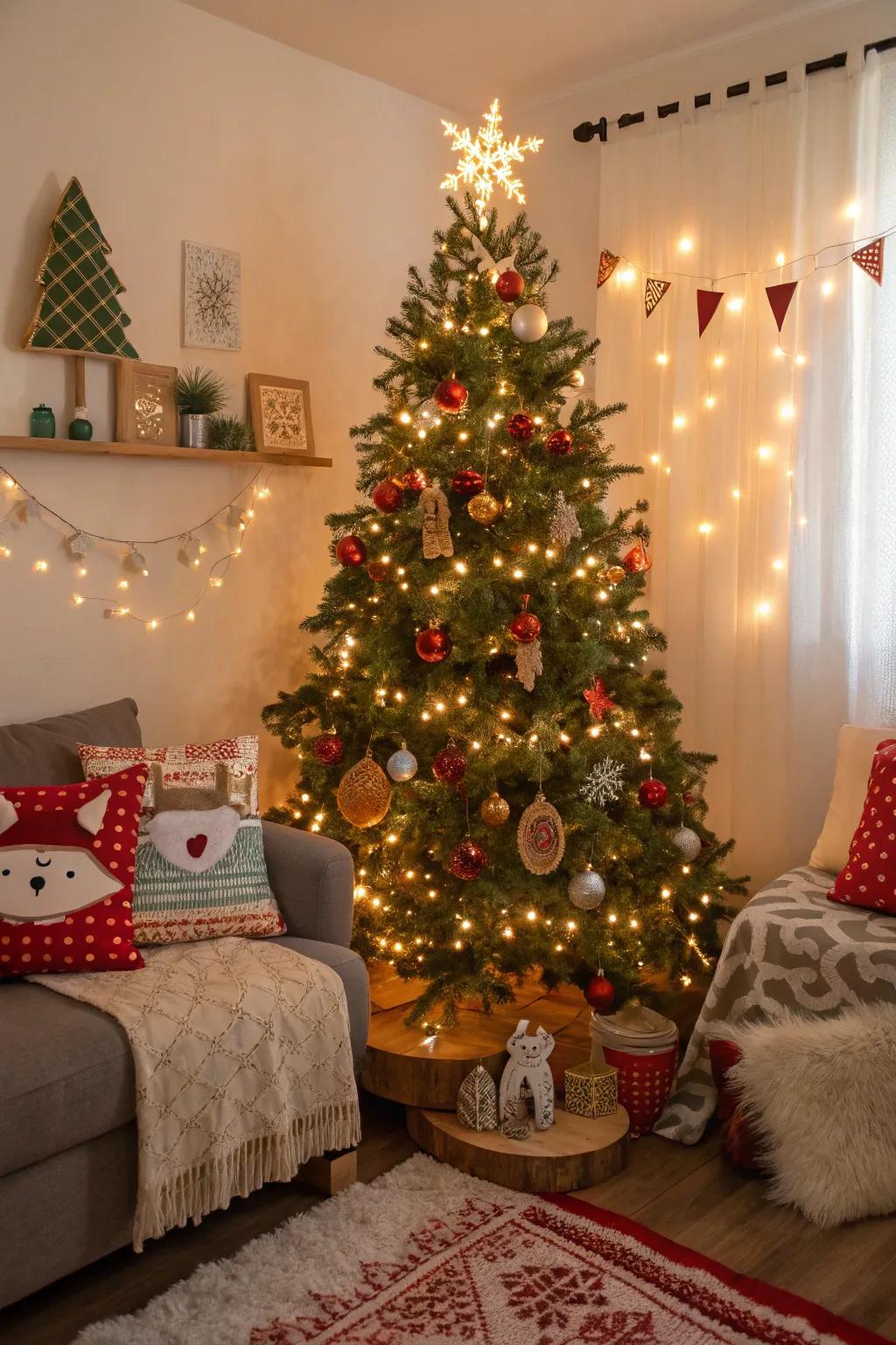 A playful Christmas tree showcasing quirky forest decorative items and vivid string lights, introducing charm to the holidays.