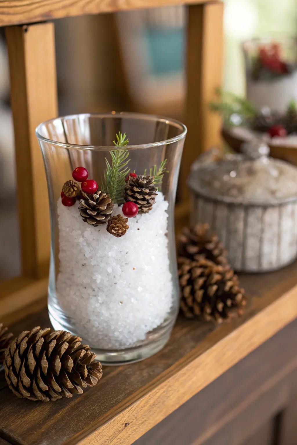Cold season phenomenon: Epsom mineral salt establishes a snowy scene nestled inside a container.