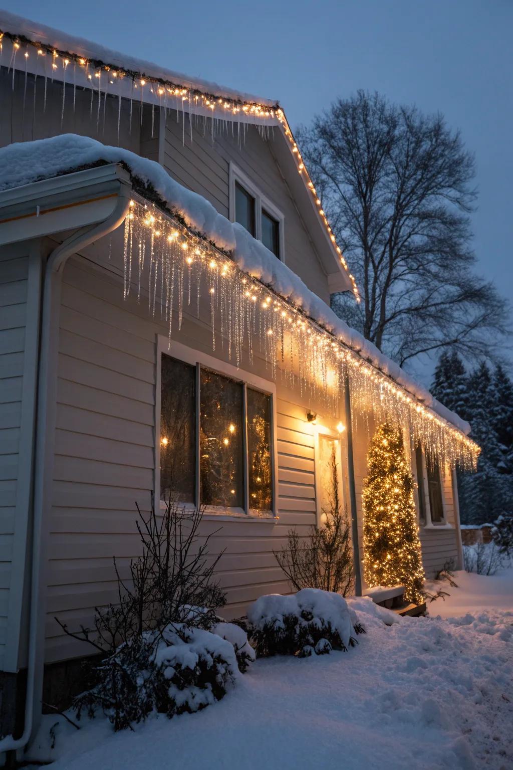 A house roofline beautifully outlined with icicle lights.