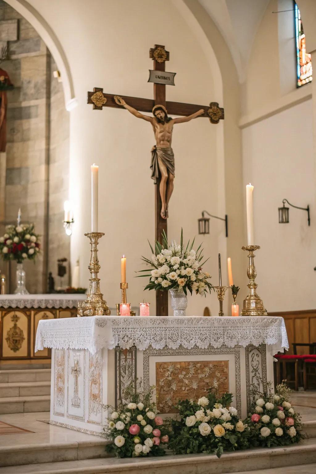 An altar featuring a notable crucifix as an impactful visual anchor.