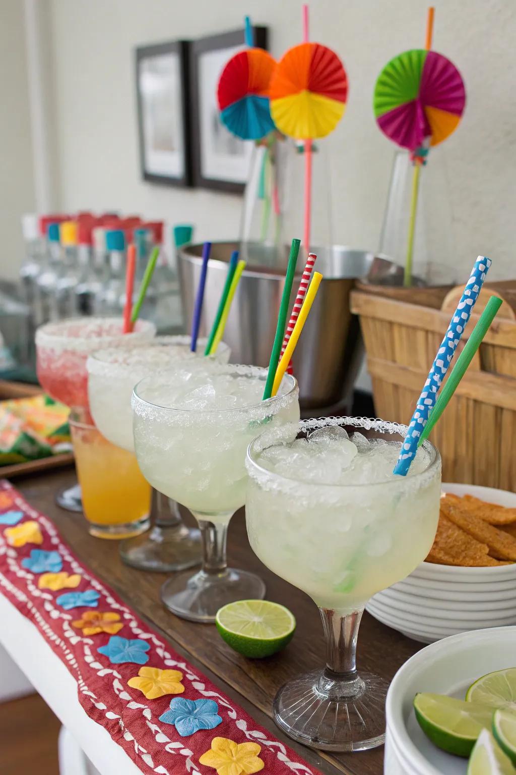 A dynamic beverage area with celebratory margaritas and fruit-infused waters.
