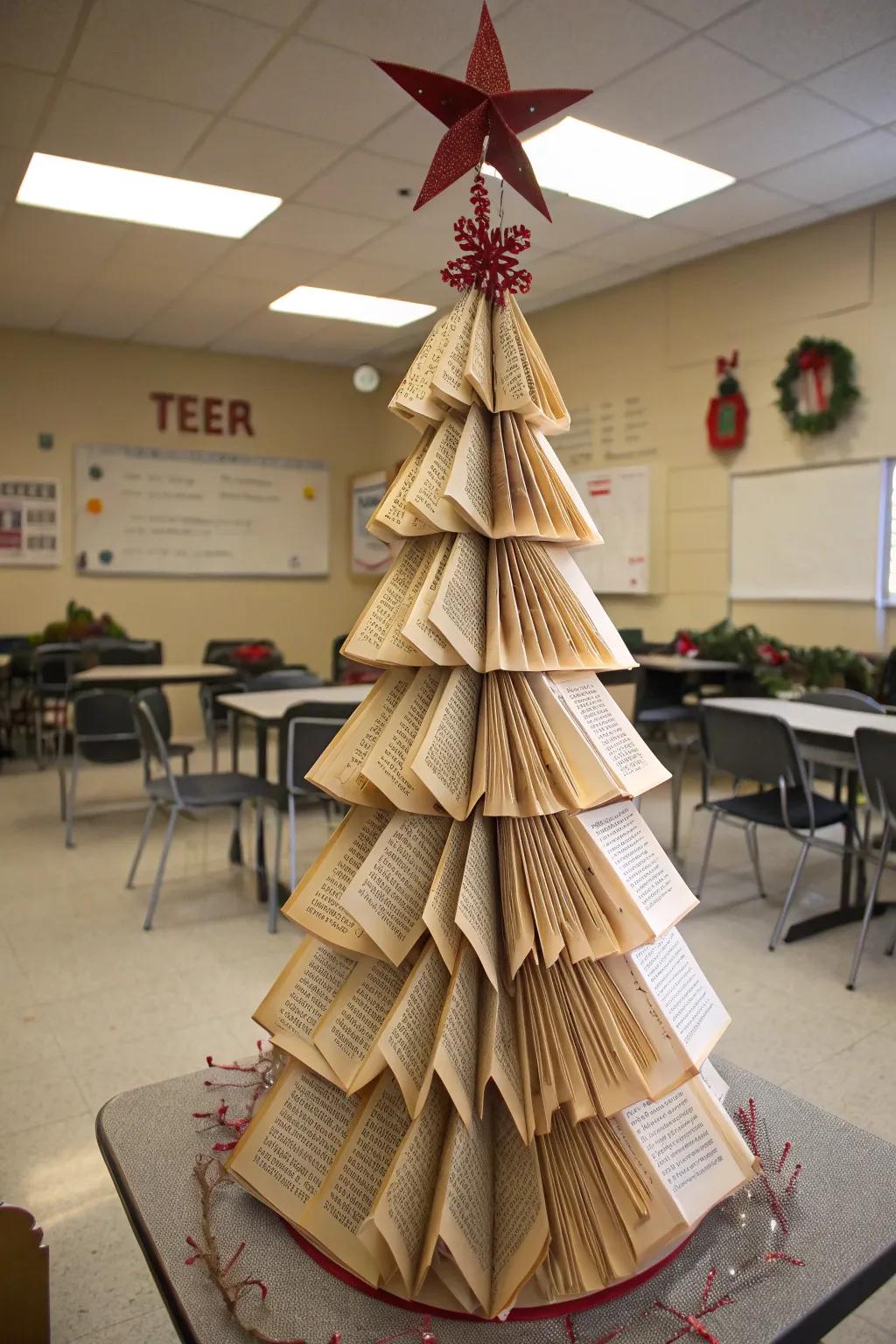 A literary-inspired Christmas tree fashioned from book pages