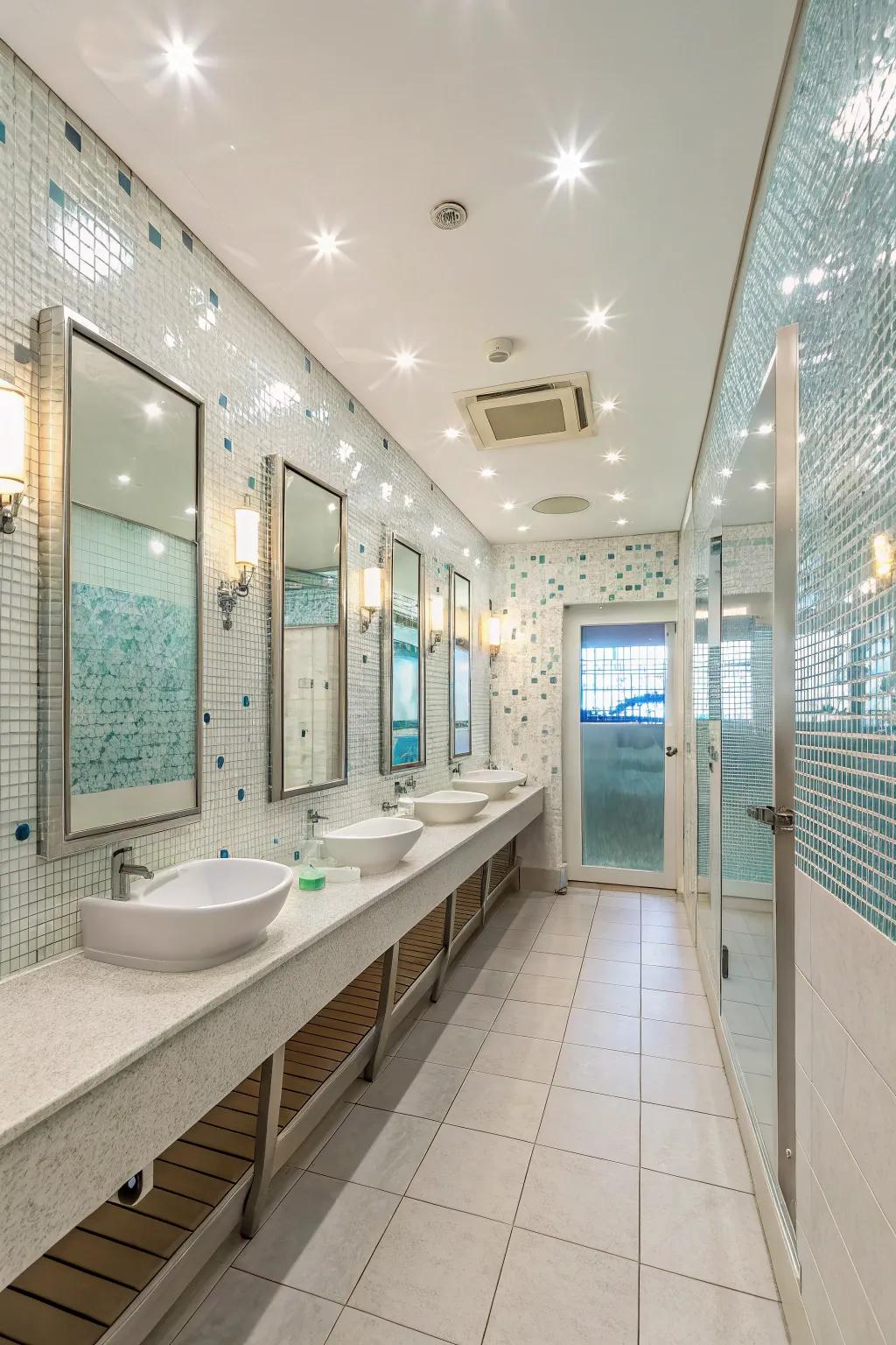 A bathroom featuring art that reflects light, improving brightness and space.