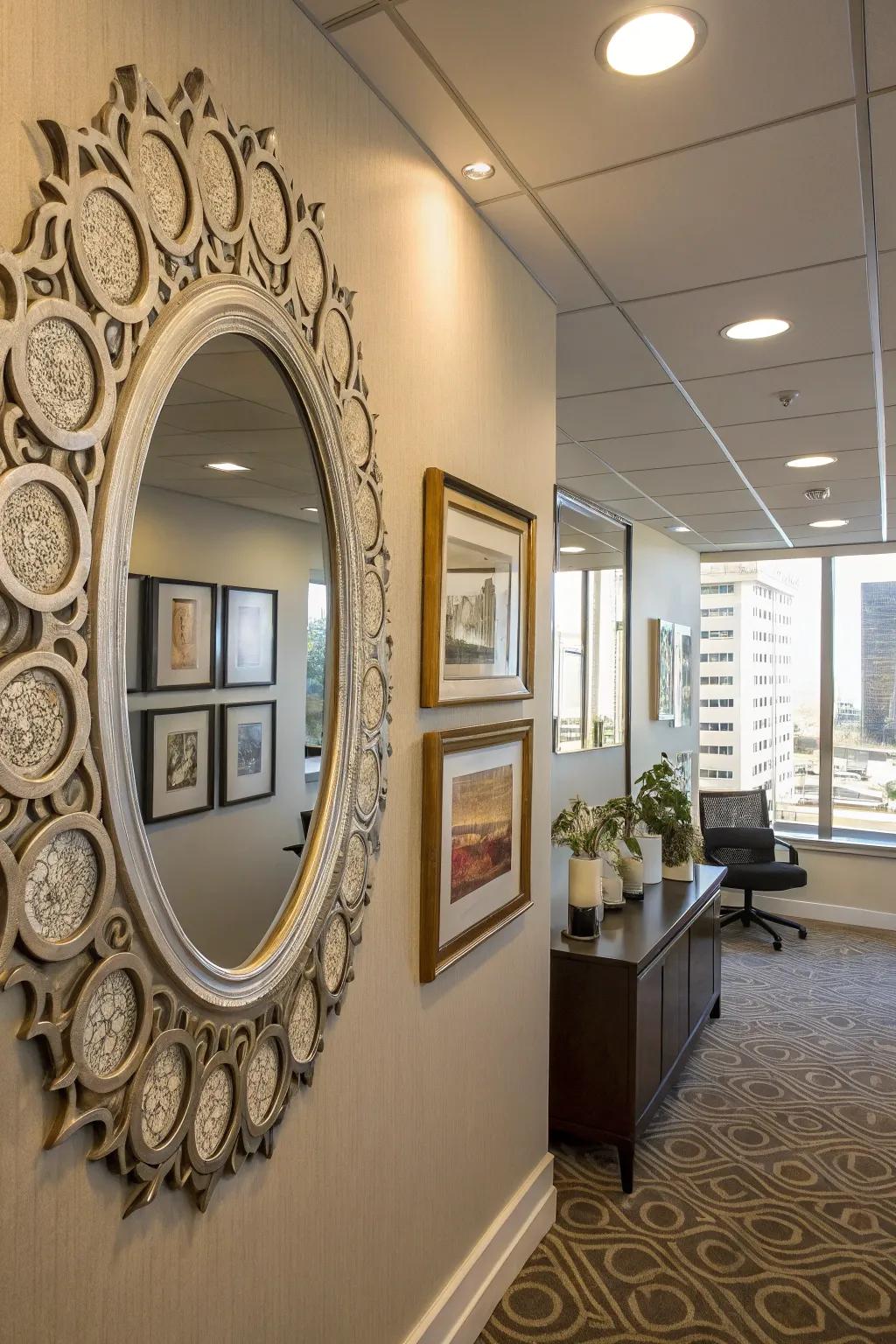 Decorative mirrors amplify light and space in an executive office.