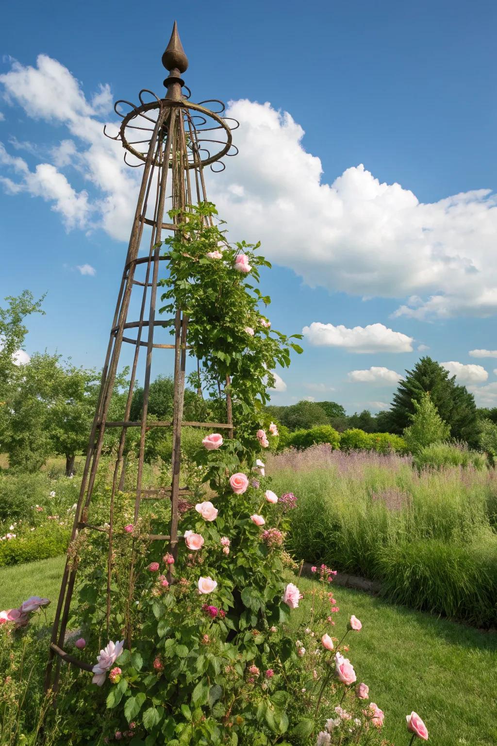 Add height with a rose-wrapped obelisk.