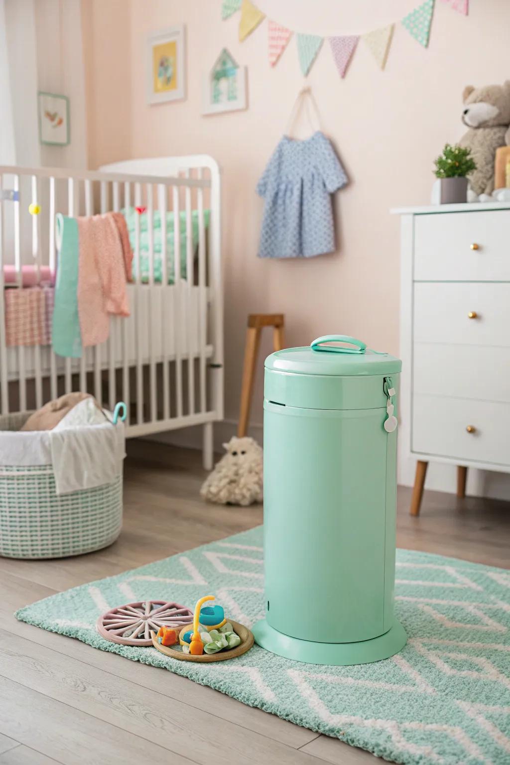A vibrant nappy container introduces a playful accent to the baby's space while serving a functional purpose.