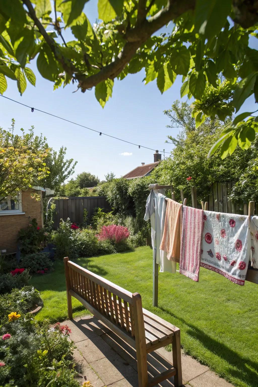 A comfortable bench is built in with a clothesline for two purposes.