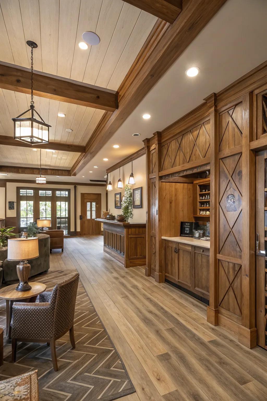 Mixed wood textures adding depth to a clubhouse interior.