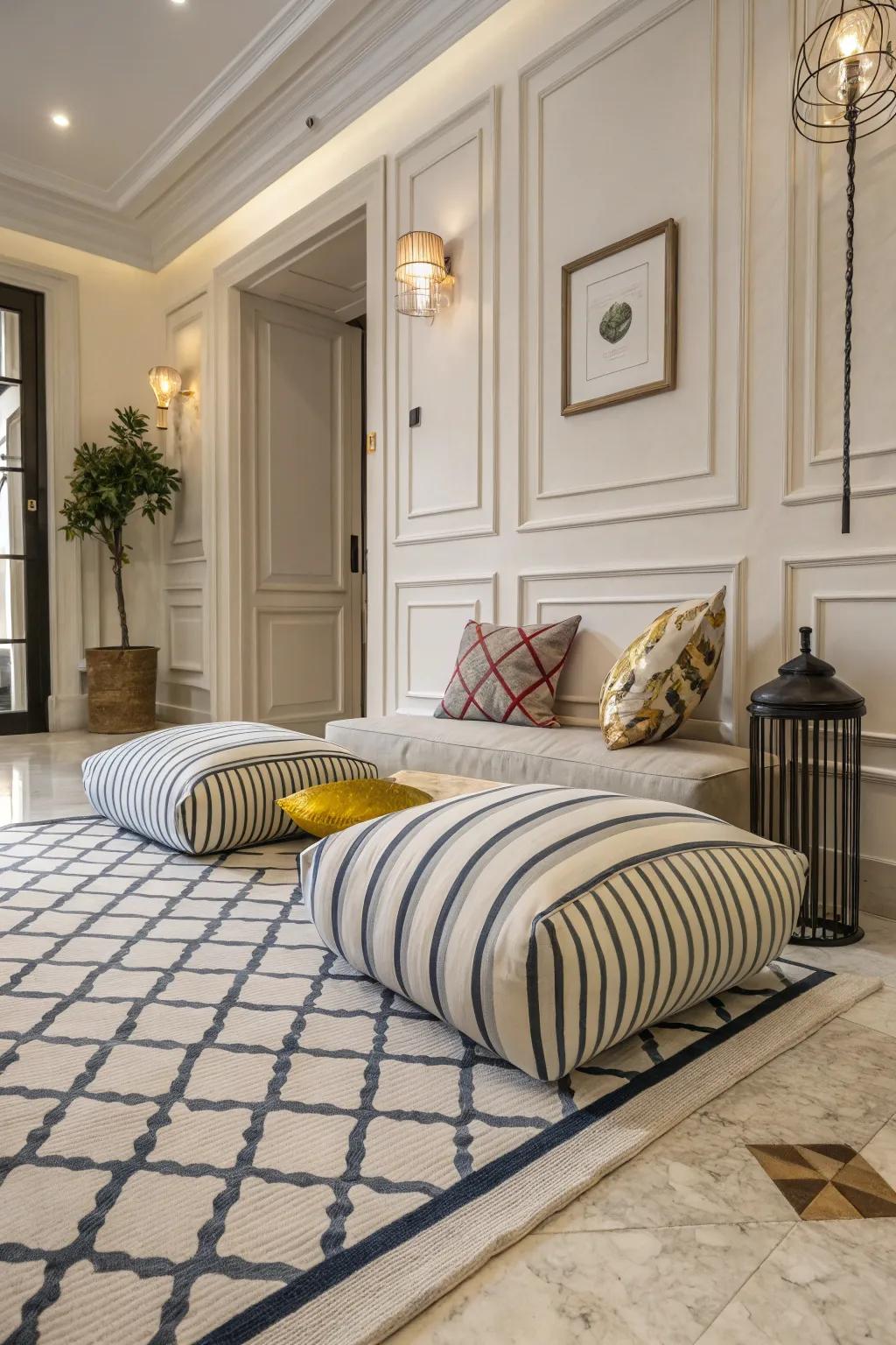 Unexpected patterns contribute a playful twist to coastal decor.