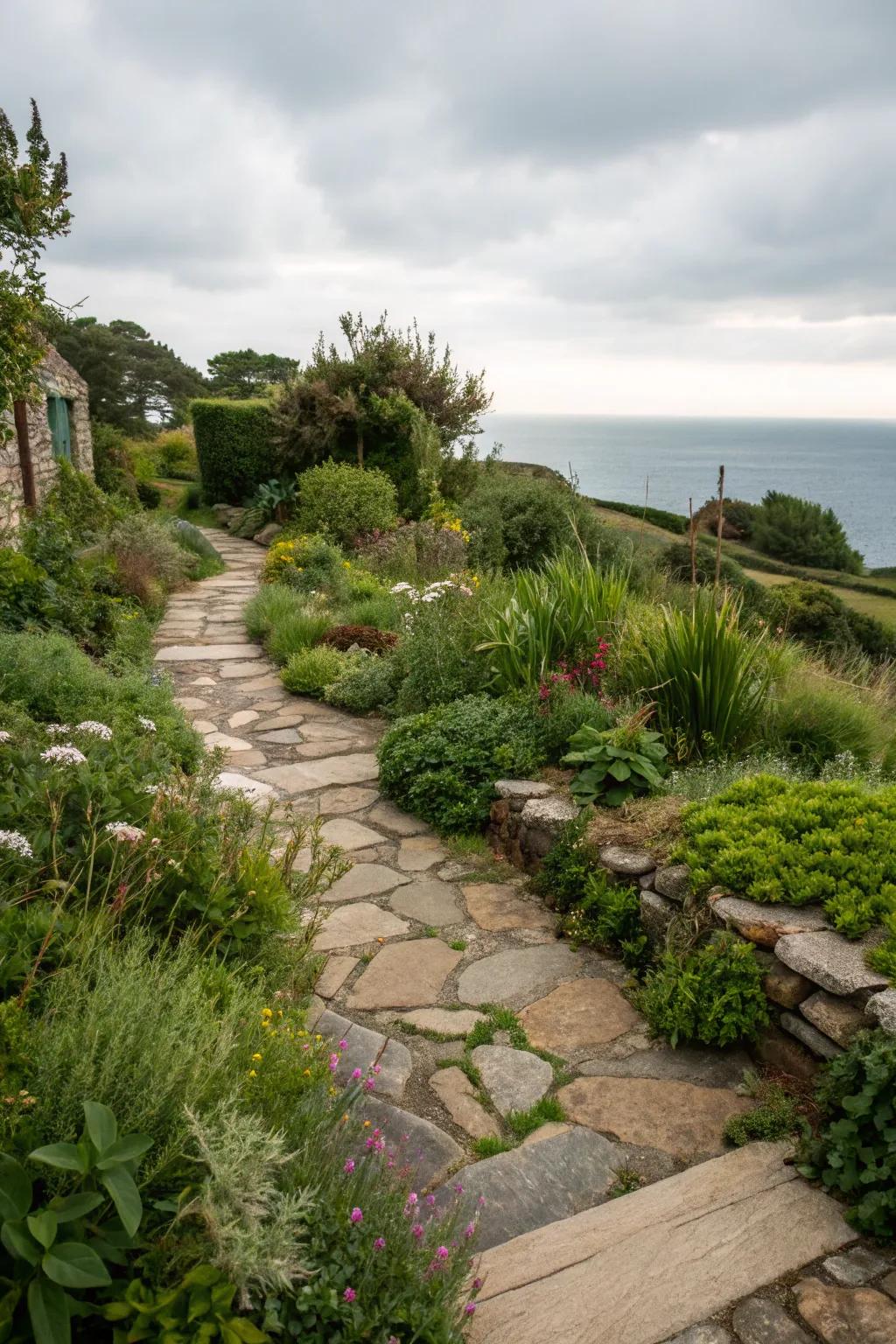 Regional stones create a balanced appearance in a coastal garden.