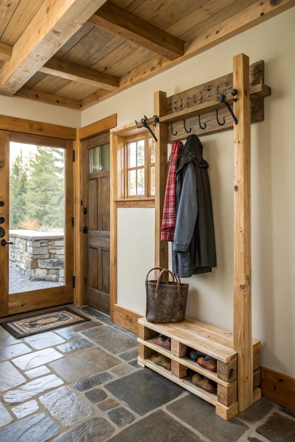 A reclaimed timber skid coat rack, uniting sustainability with countryside charm.