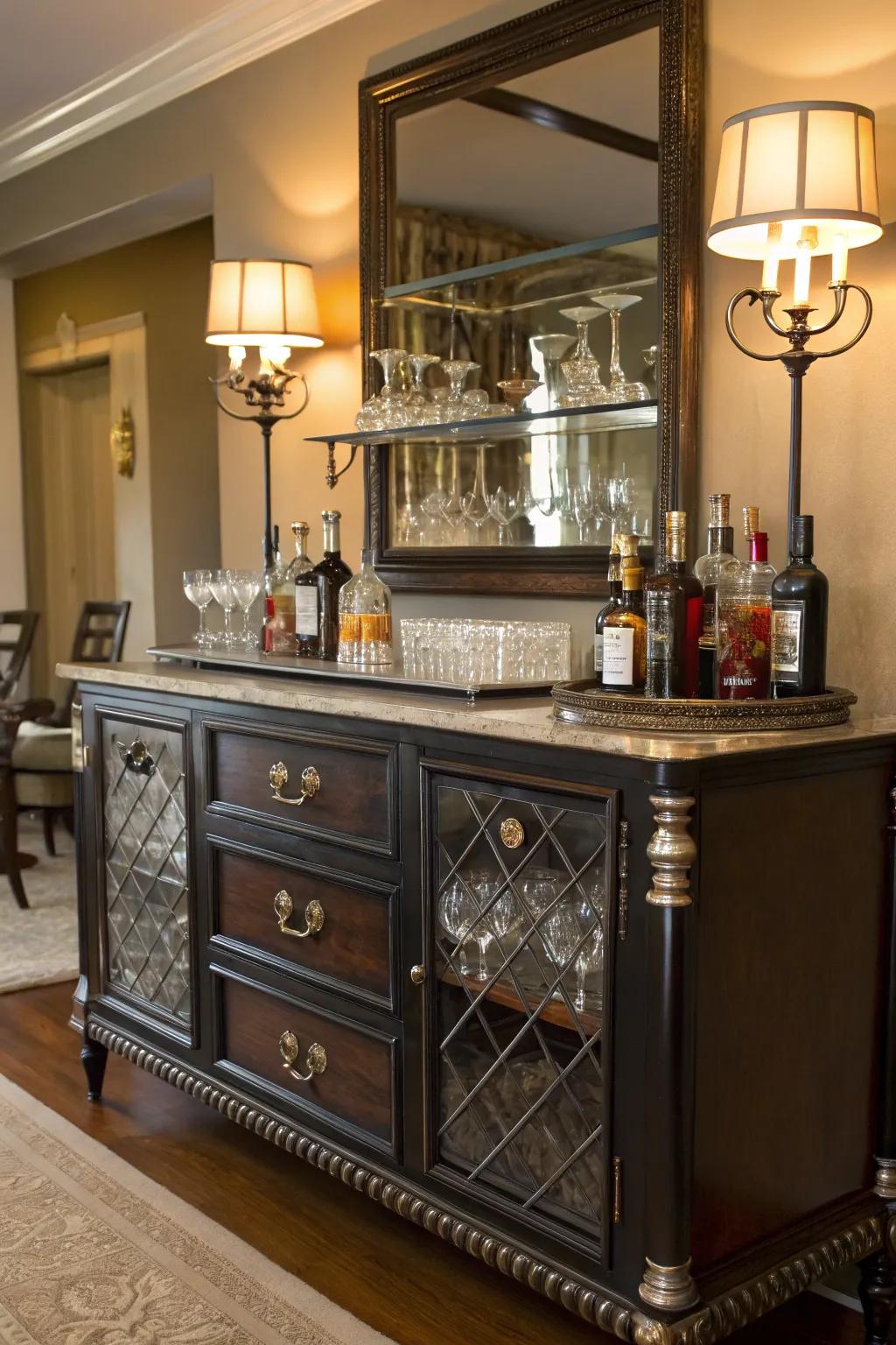 Repurposed furniture introduces character and appeal.