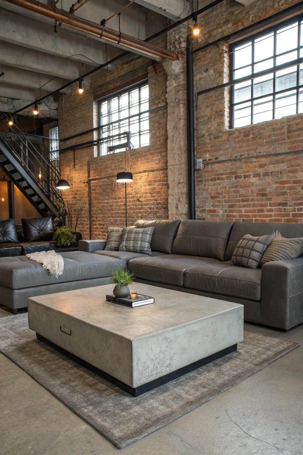 A cement center table gives a comfortable living area an industrial touch.