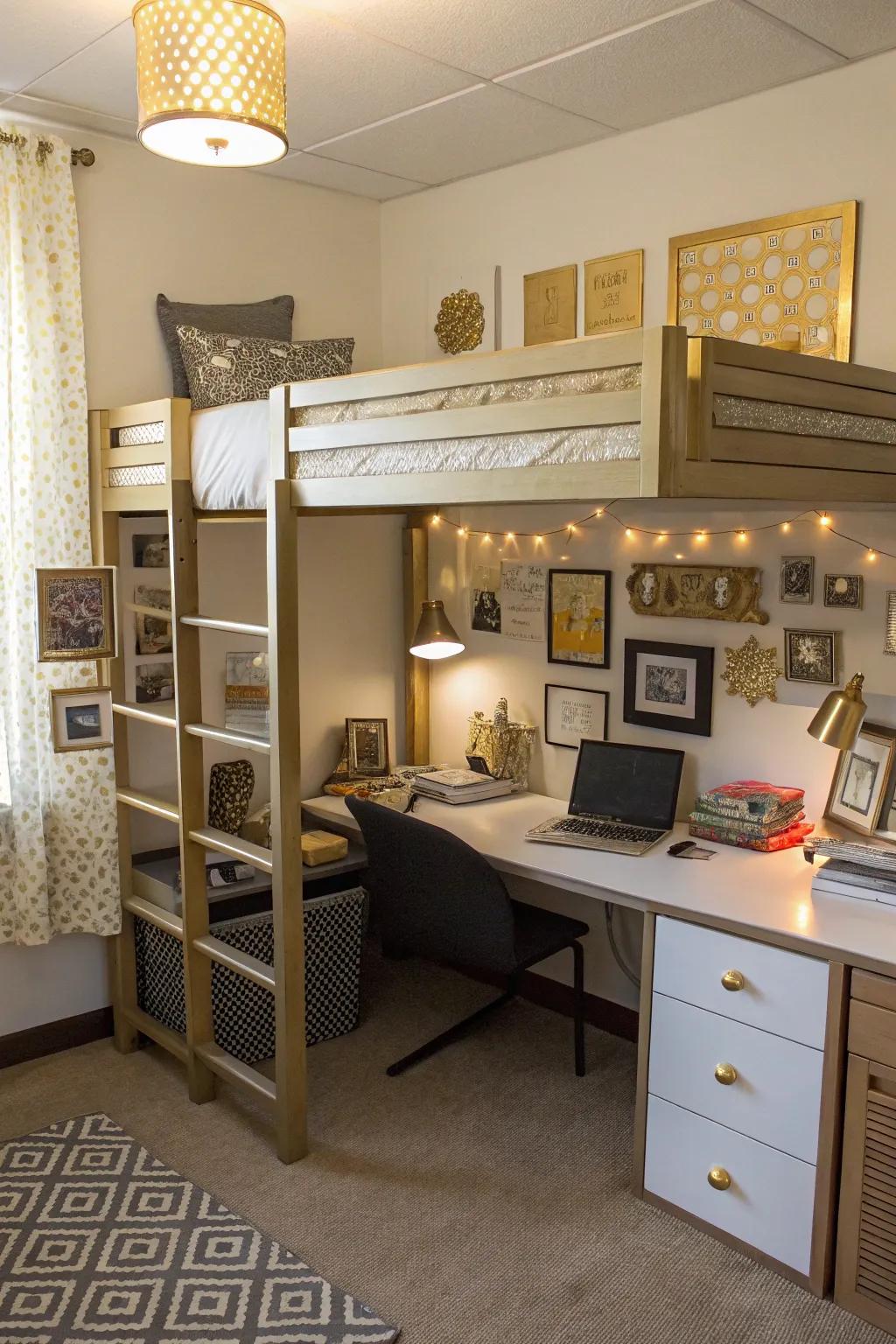 Gold accents bring a sophisticated flair to your dorm decor.