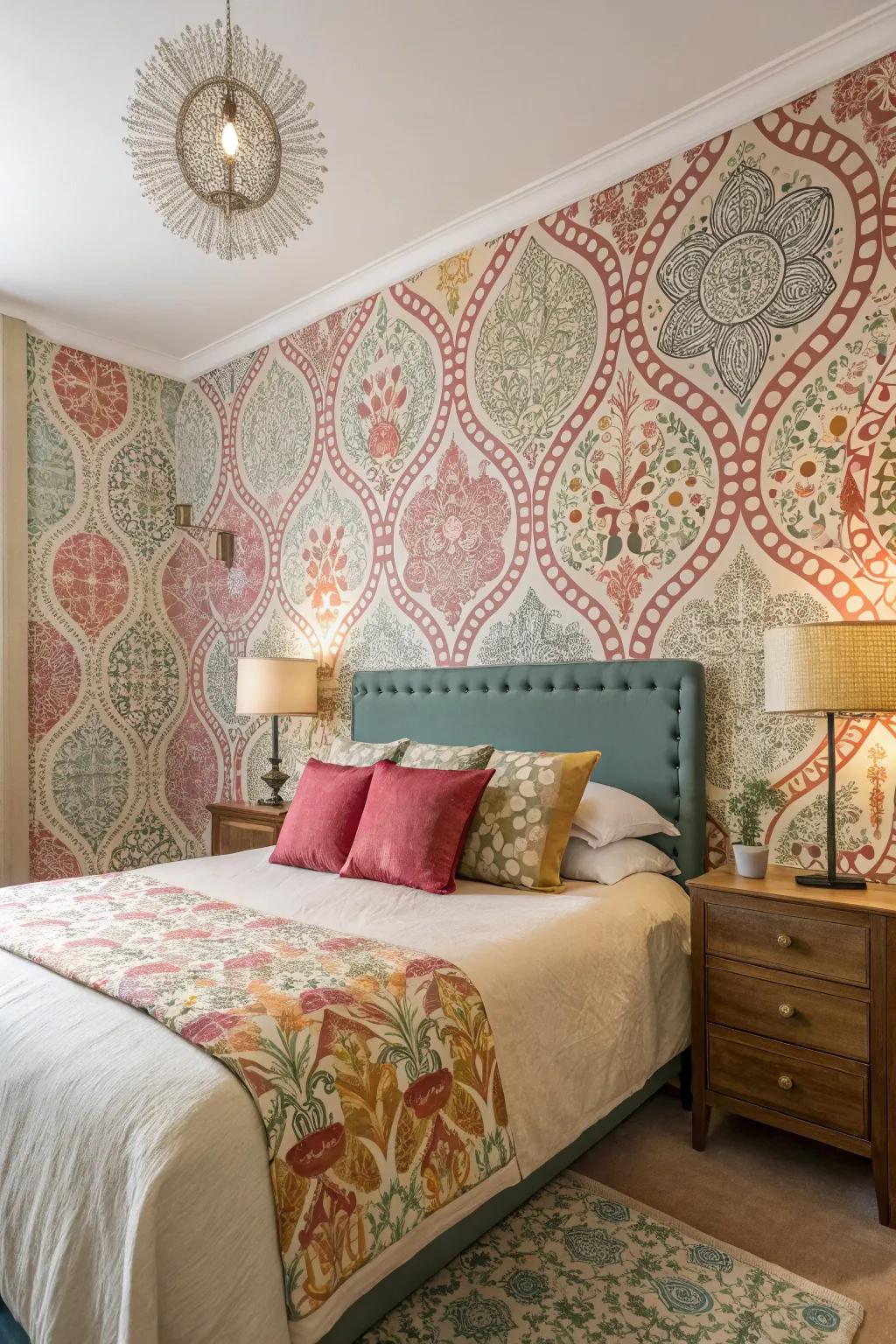 Elaborate designs bring a dynamic touch to this color-saturated room.