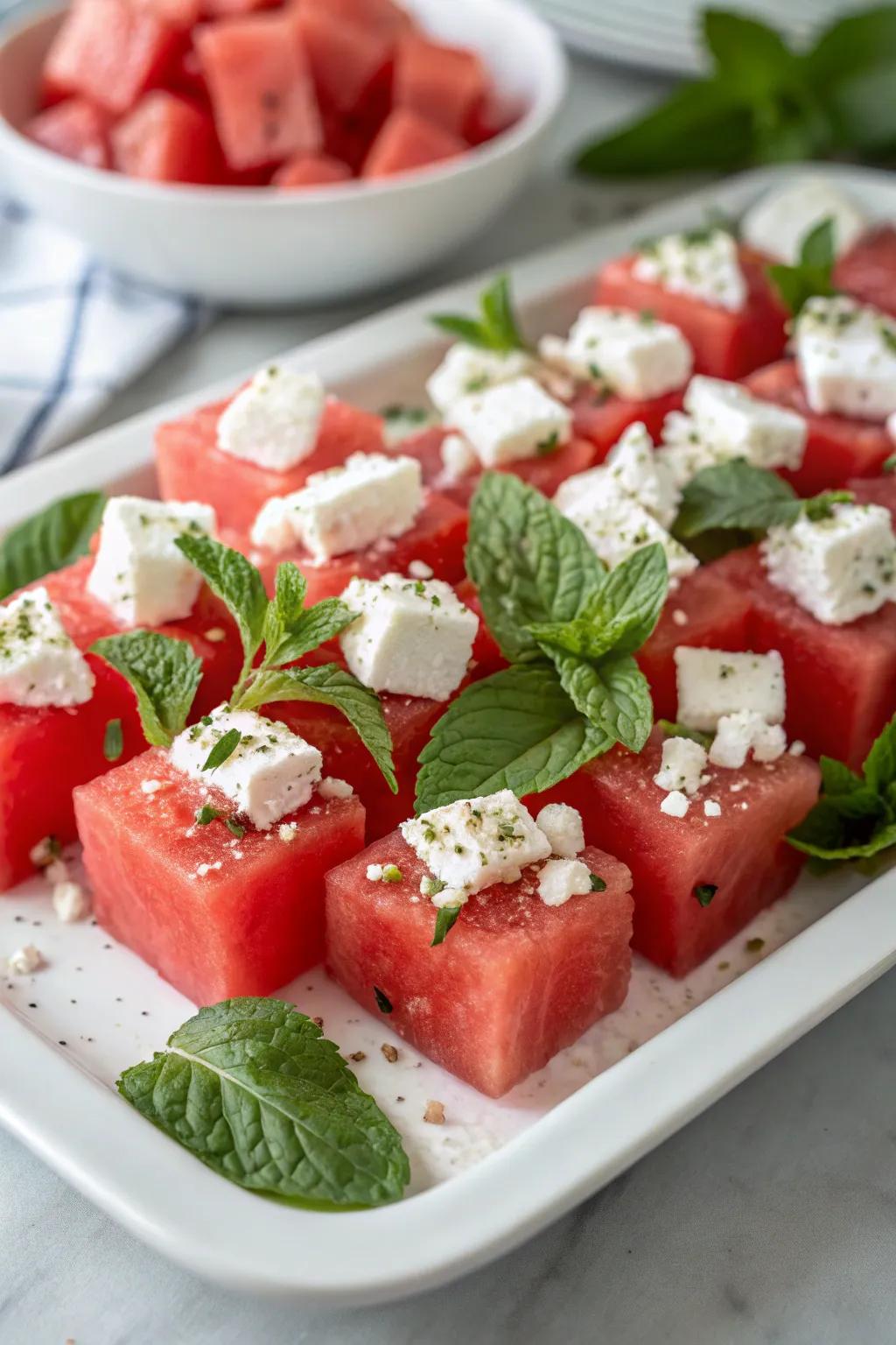 Revitalizing watermelon and feta appetizers ideal for warm weather gatherings.