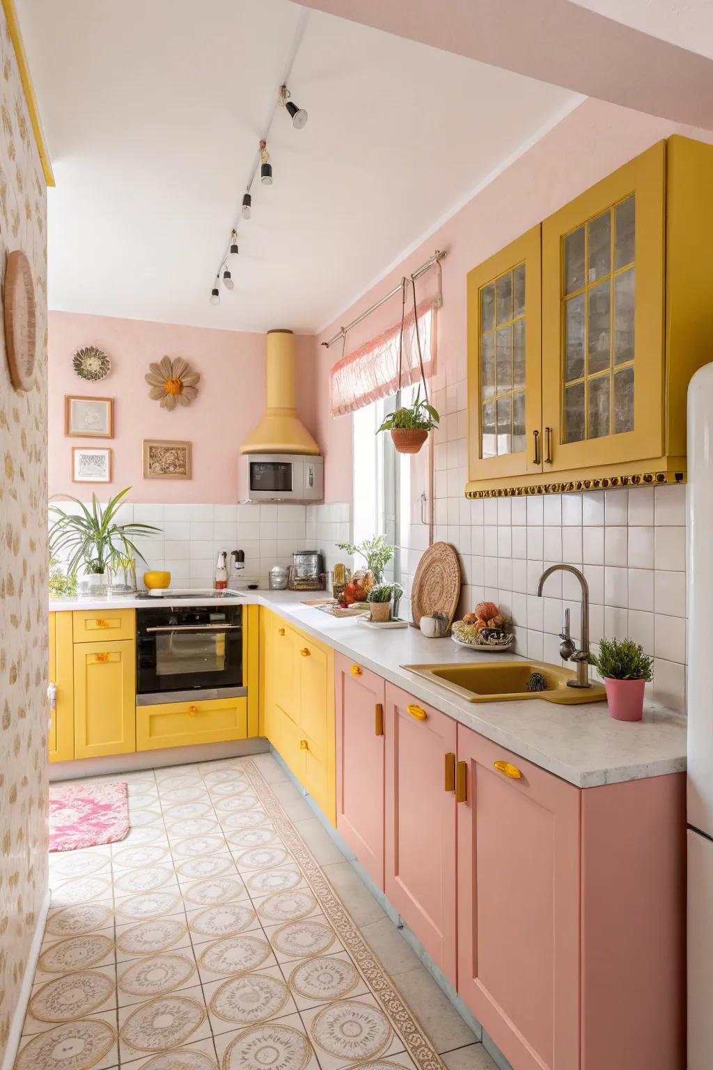 Unforeseen hue compositions fashion a whimsical kitchen place.