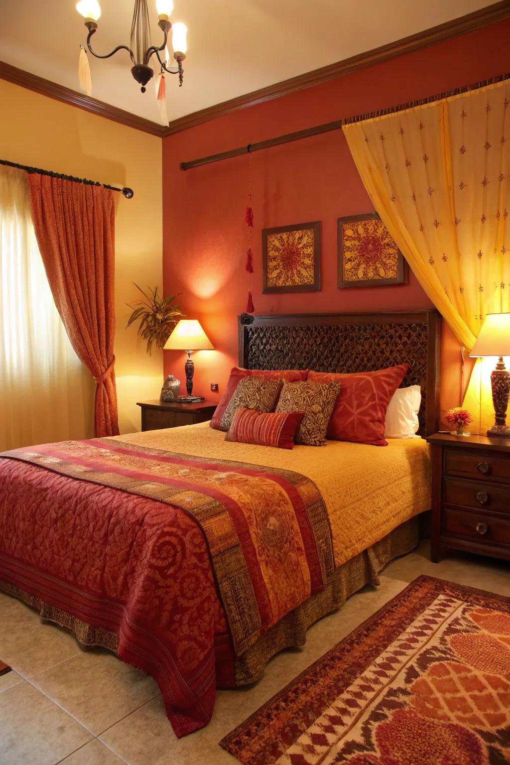 Toasty colors create a cozy and welcoming bedroom atmosphere.