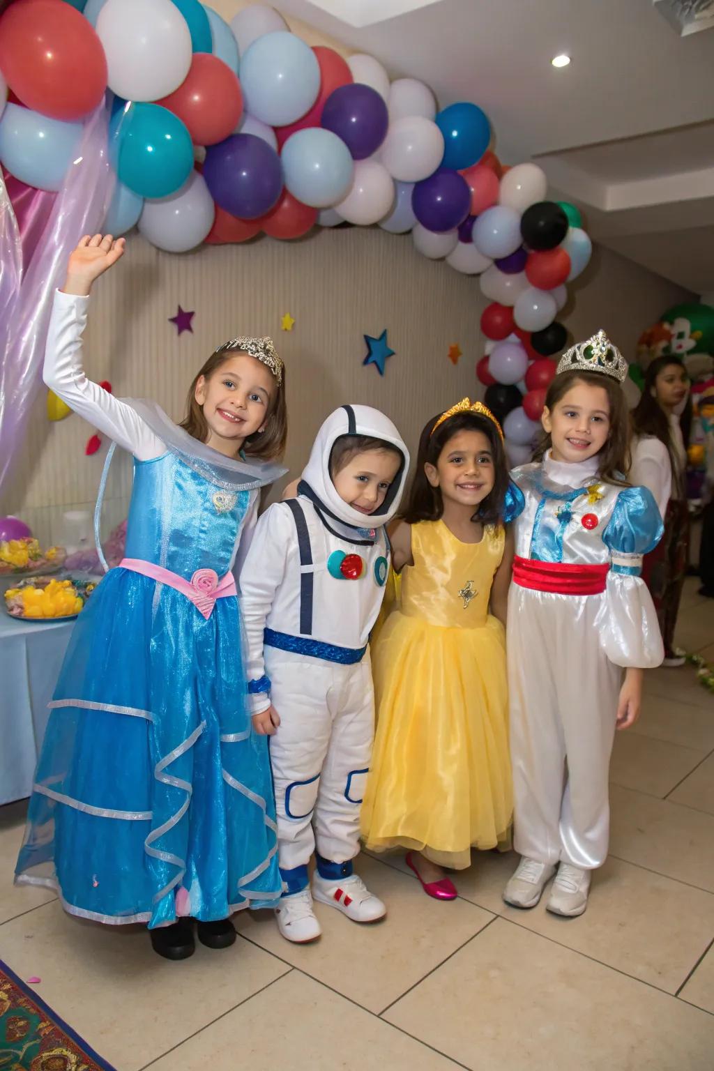 A whimsical mix of costumes adding magic to the party.