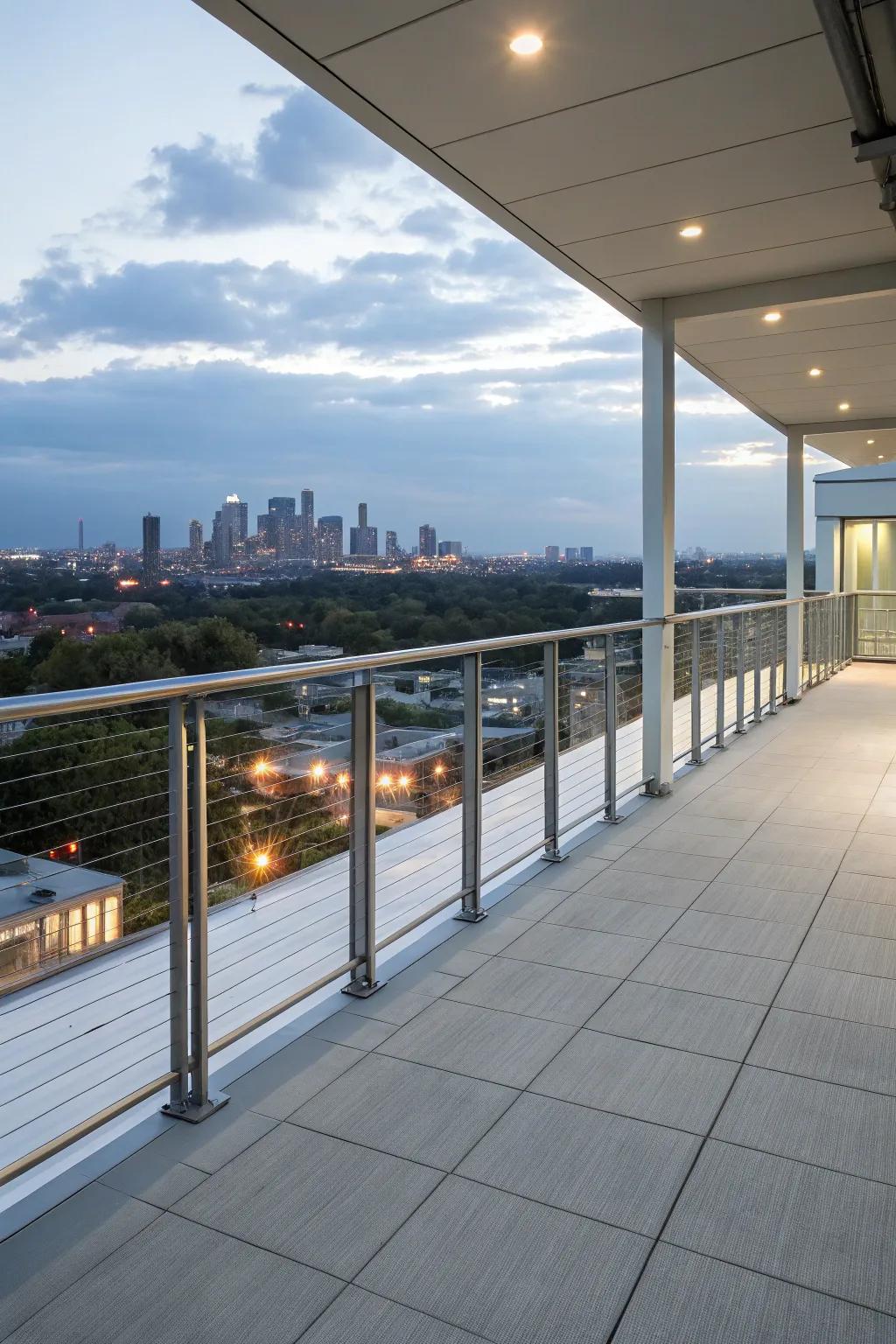 Minimalist barriers on a rooftop deck preserve stunning skyline views.