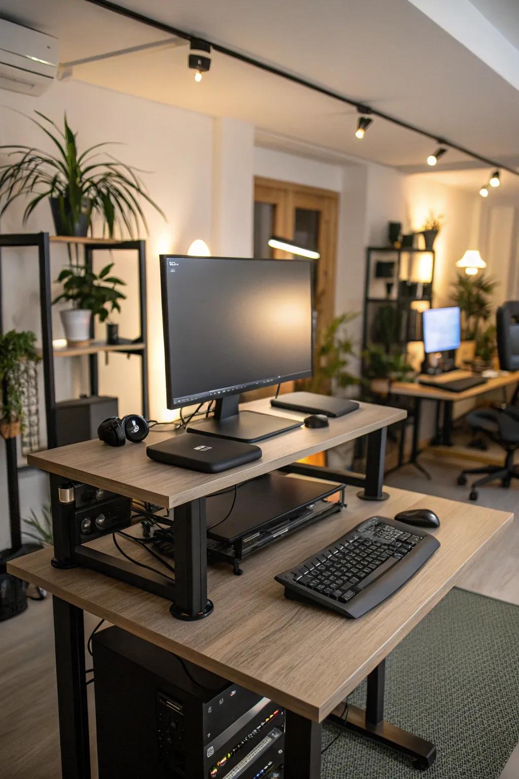 A dynamic computer space featuring a versatile standing desk.