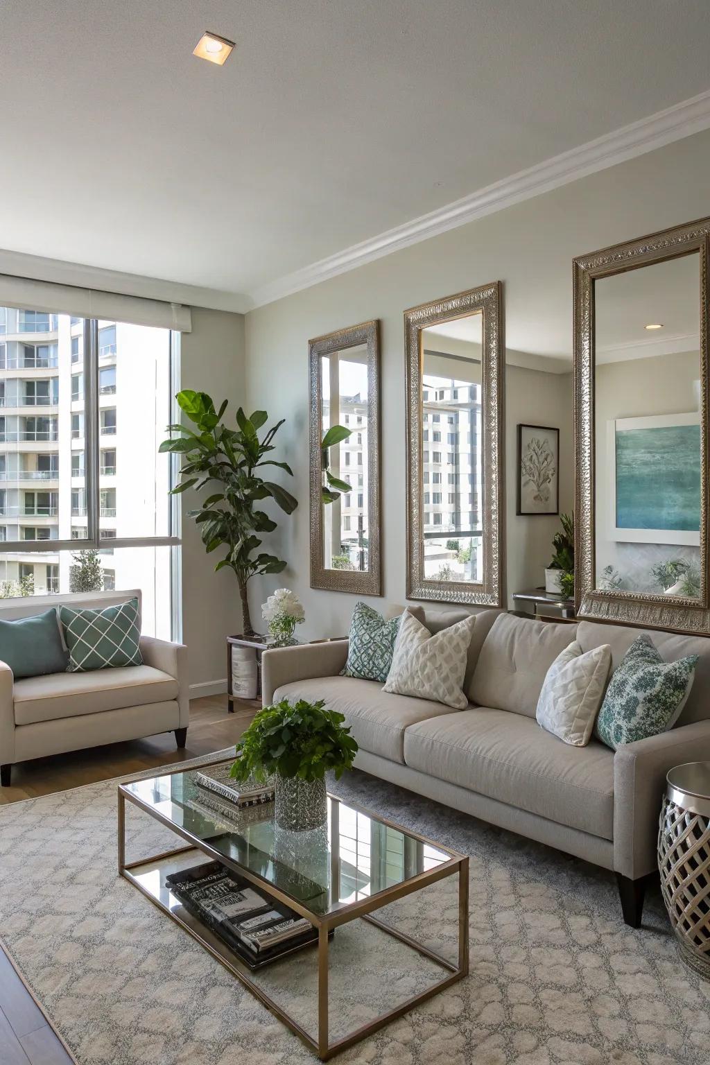 Mirrors creating the illusion of more space in a condo living space.