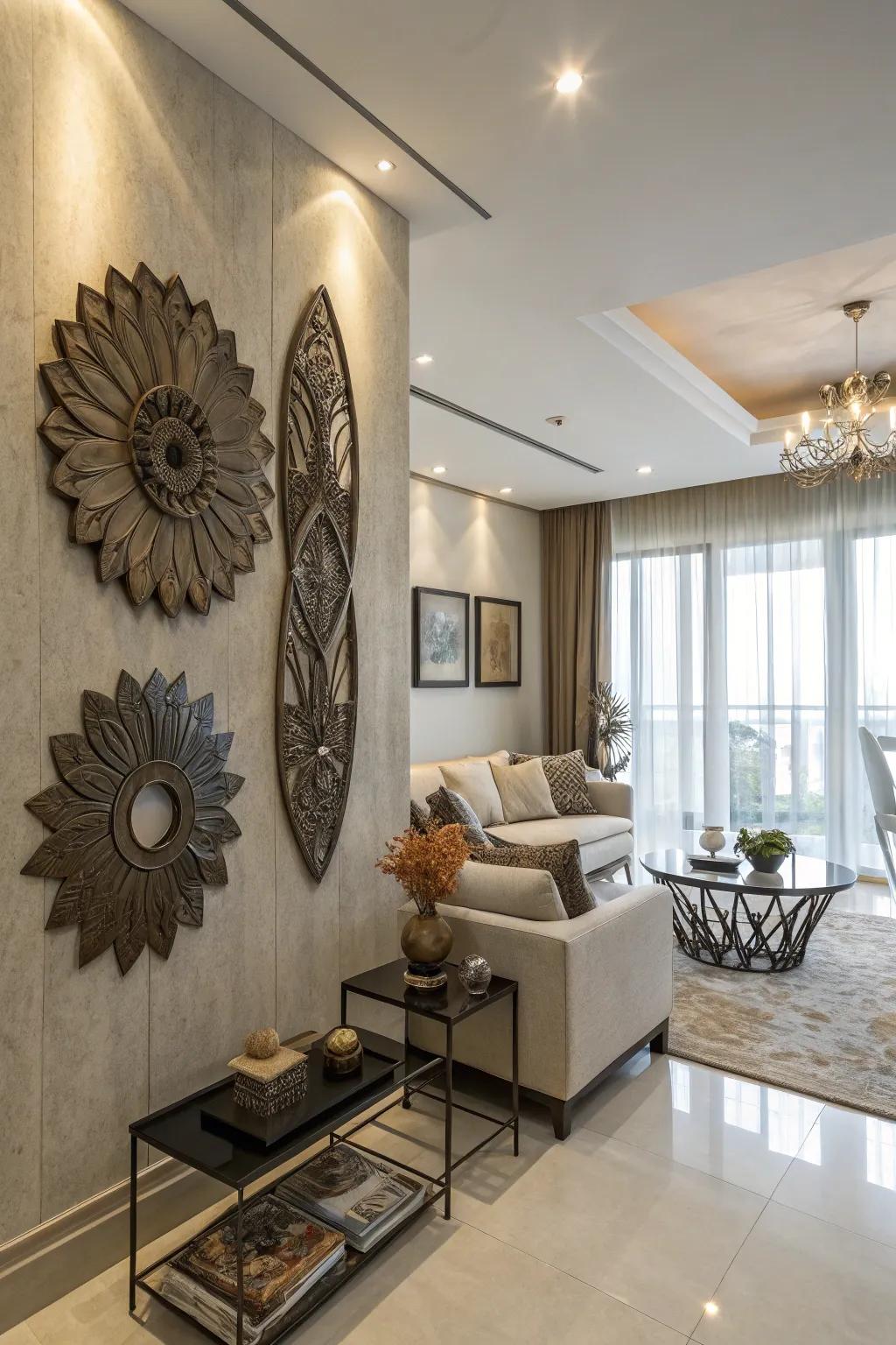 An artistic wall featuring intriguing sculptural elements