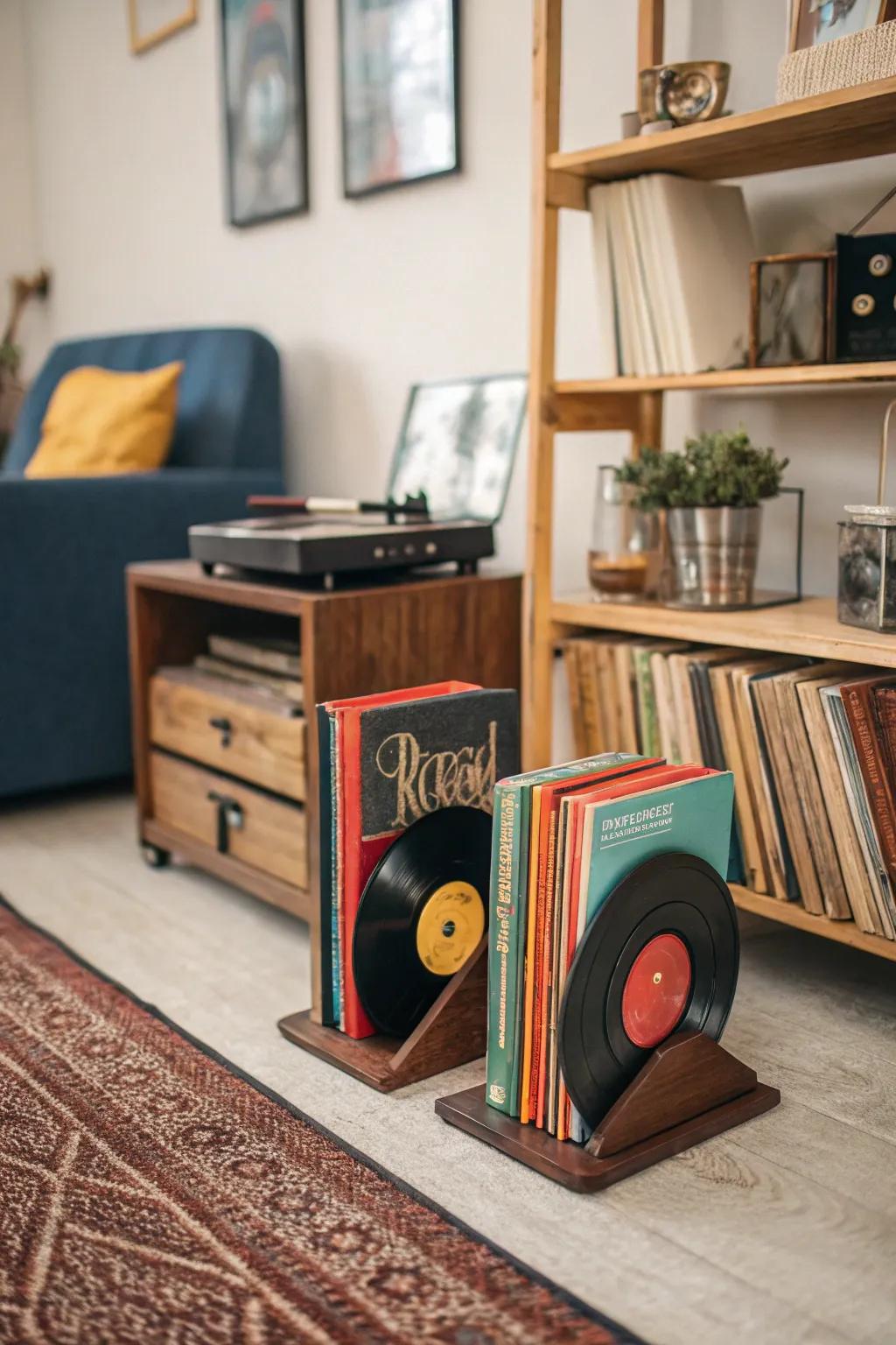 Vinyl record bookends for a nostalgic vintage vibe