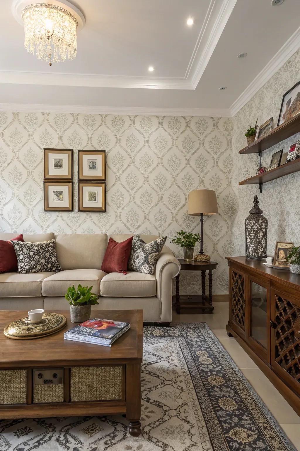 In this roomy living room, using selective wall covering adds depth and intimacy.