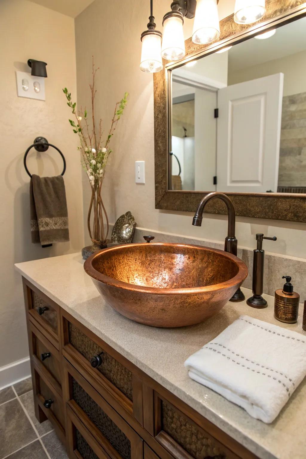 This uniquely shaped copper sink is a stunning focal point in the bathroom.
