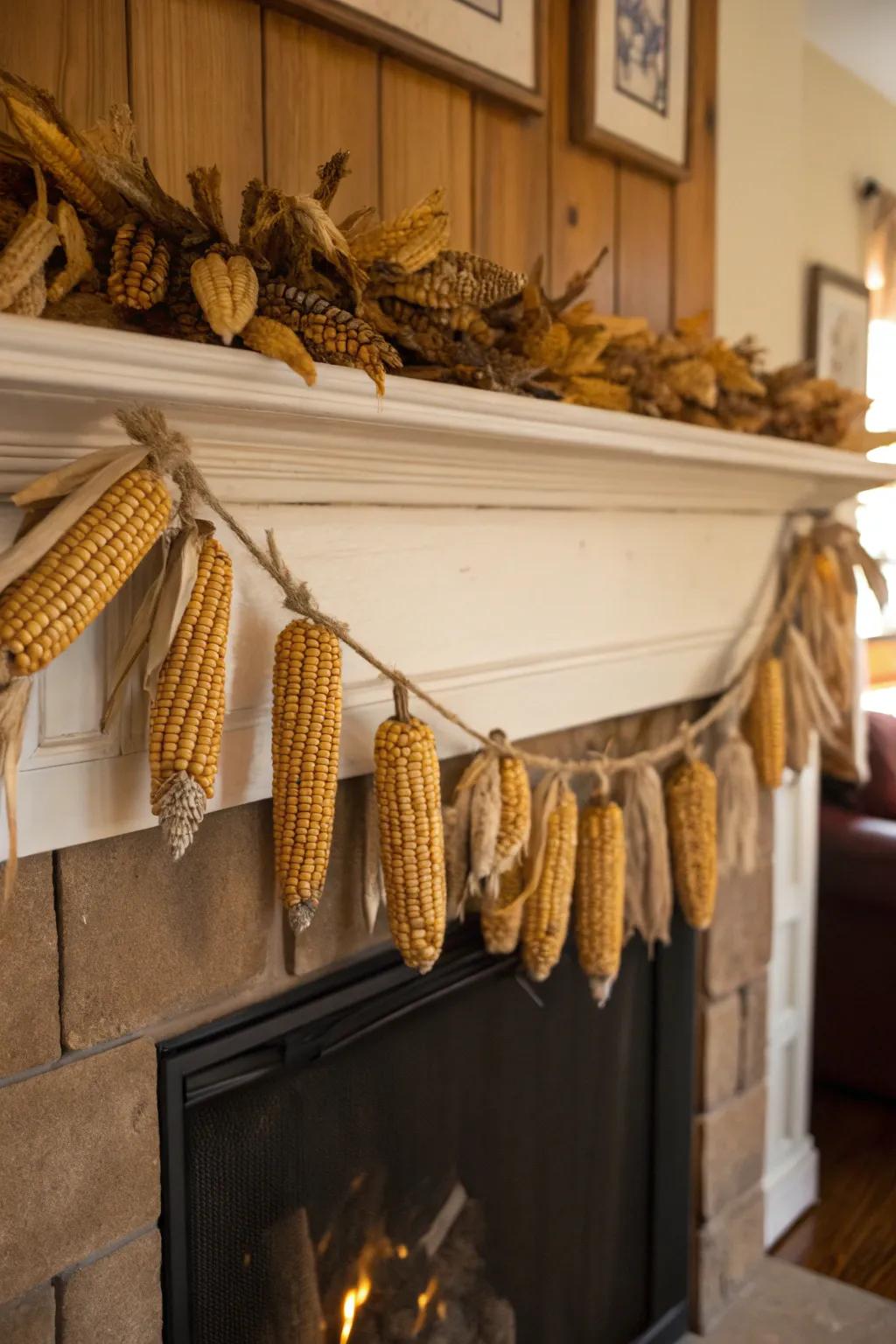 An enchanting field maize garland draped over a mantelpiece.